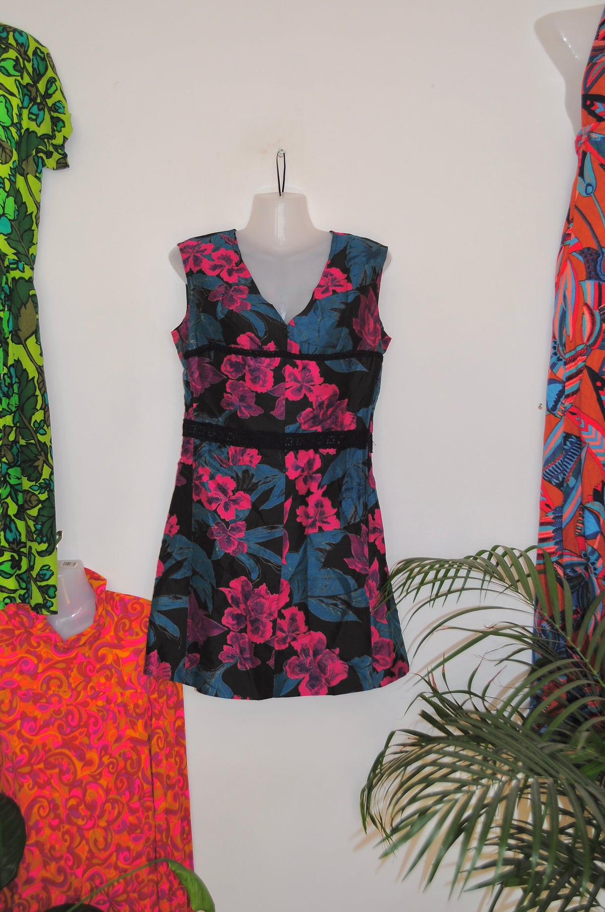 Vintage 60s Black and Purple Floral Mini Dress