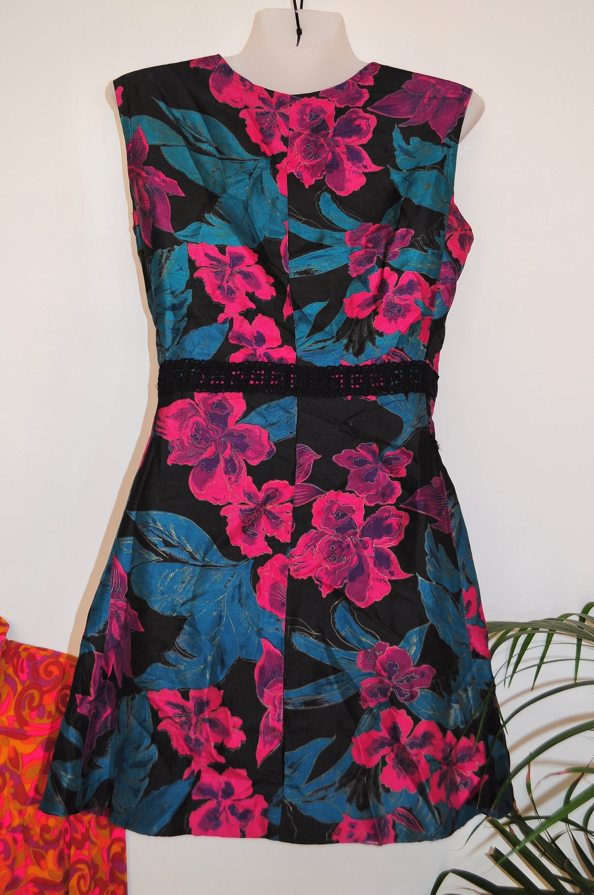 Vintage 60s Black and Purple Floral Mini Dress