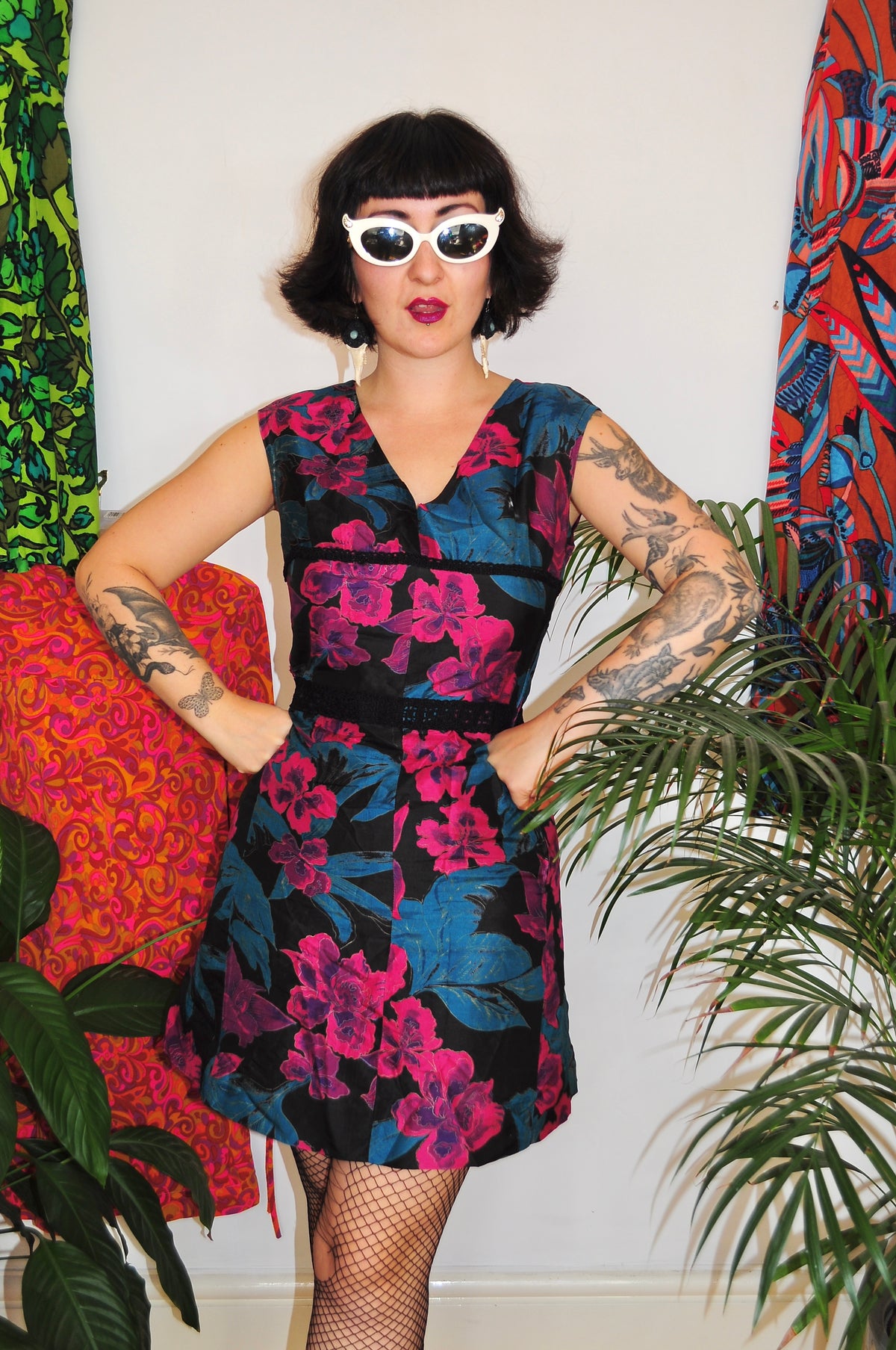 Vintage 60s Black and Purple Floral Mini Dress