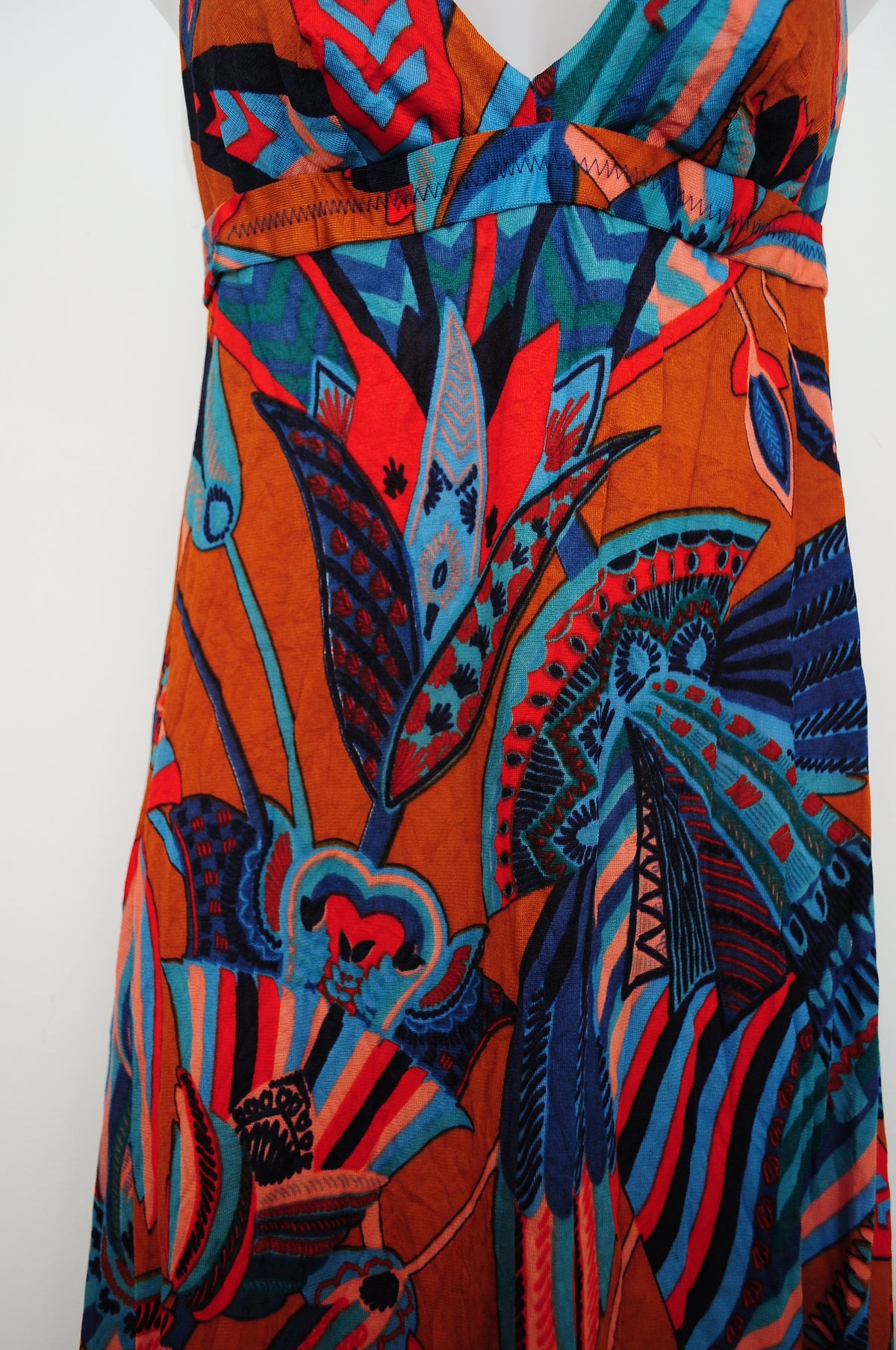 Vintage 70s Burnt Orange Psychedelic Print Halter Maxi Dress