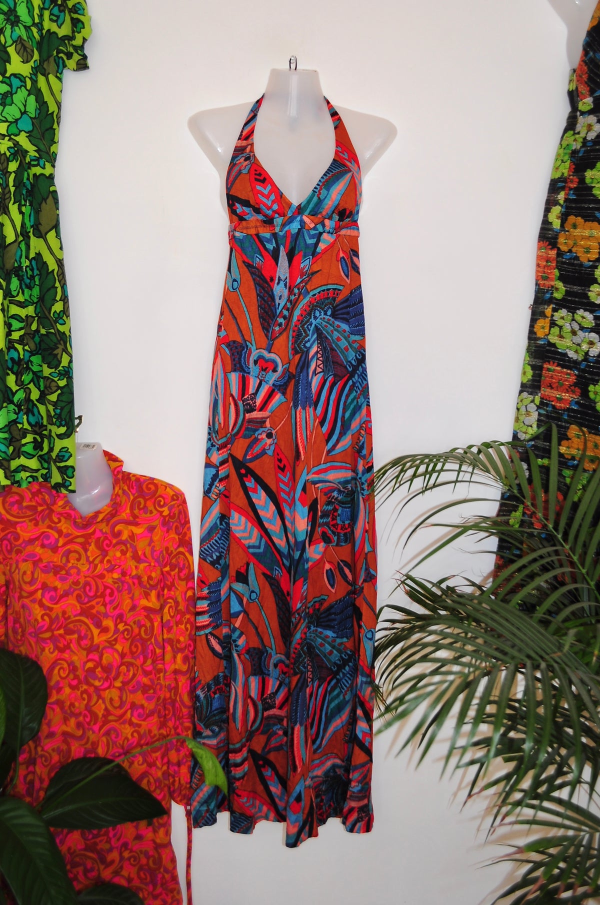 Vintage 70s Burnt Orange Psychedelic Print Halter Maxi Dress