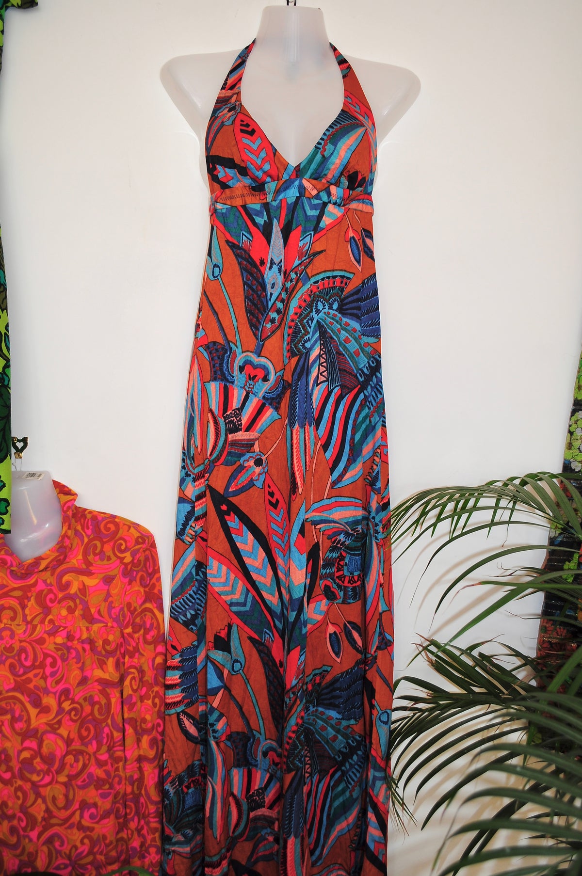 Vintage 70s Burnt Orange Psychedelic Print Halter Maxi Dress