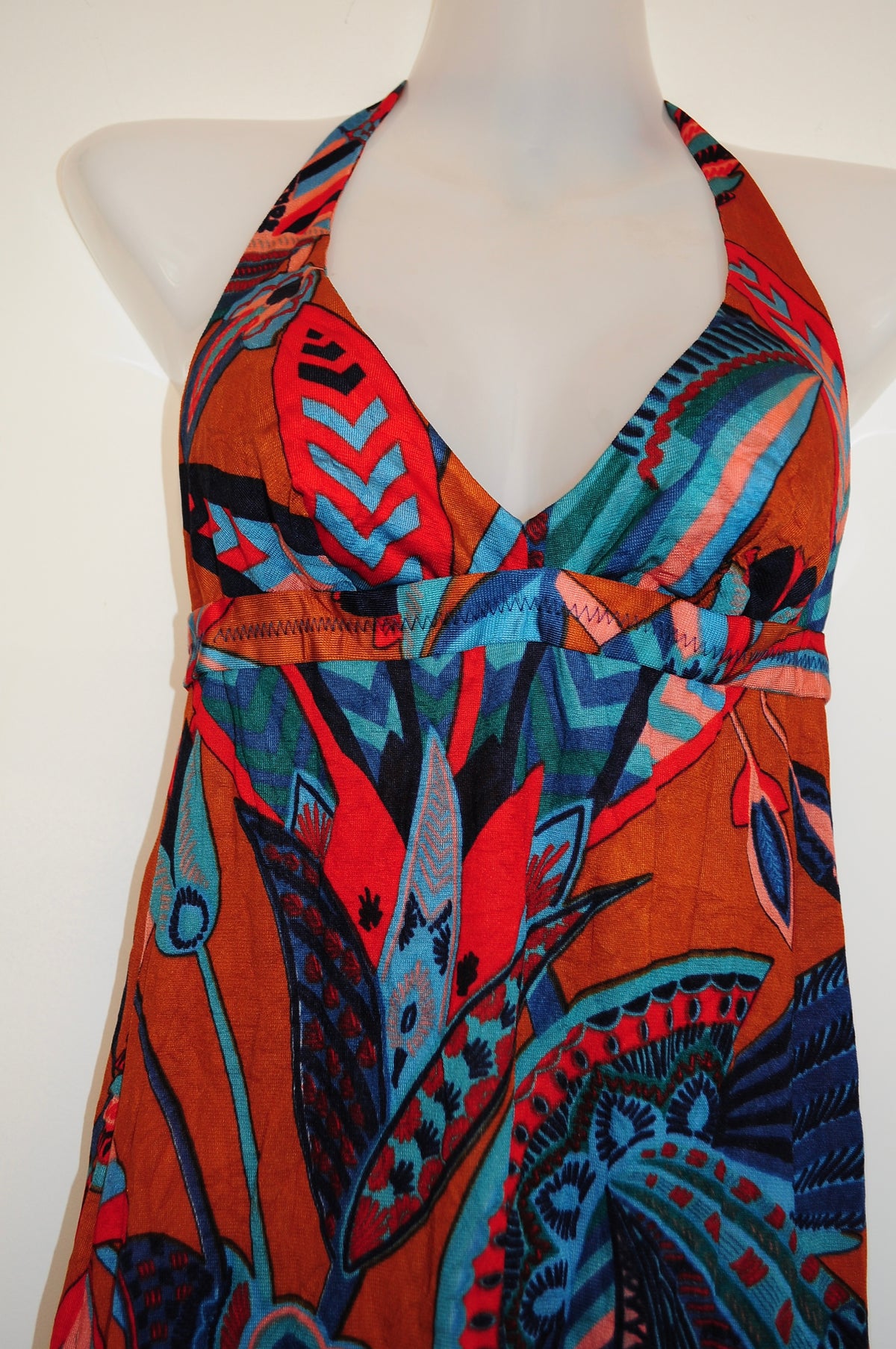 Vintage 70s Burnt Orange Psychedelic Print Halter Maxi Dress