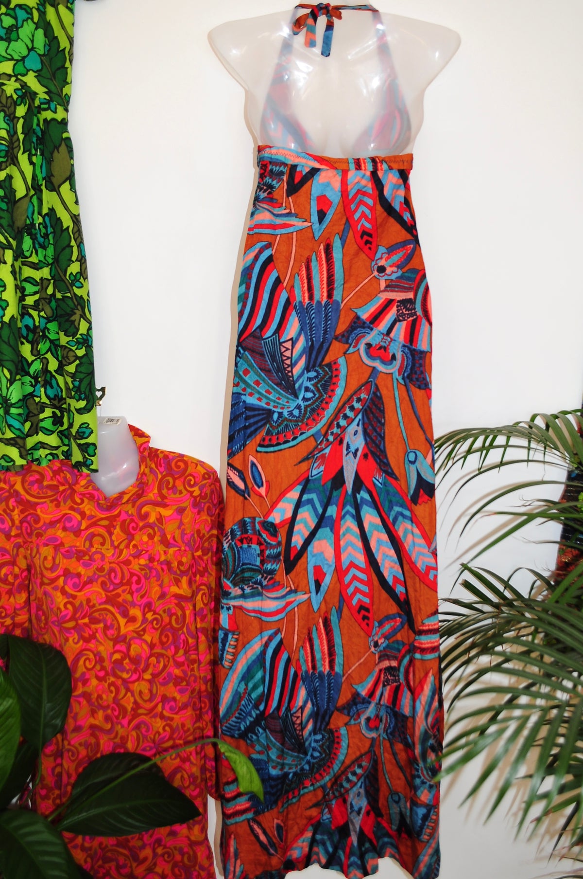 Vintage 70s Burnt Orange Psychedelic Print Halter Maxi Dress