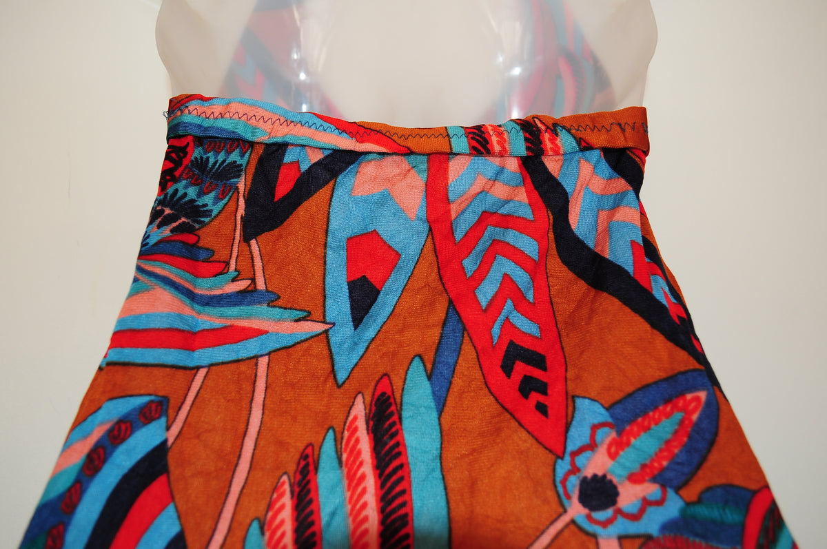 Vintage 70s Burnt Orange Psychedelic Print Halter Maxi Dress