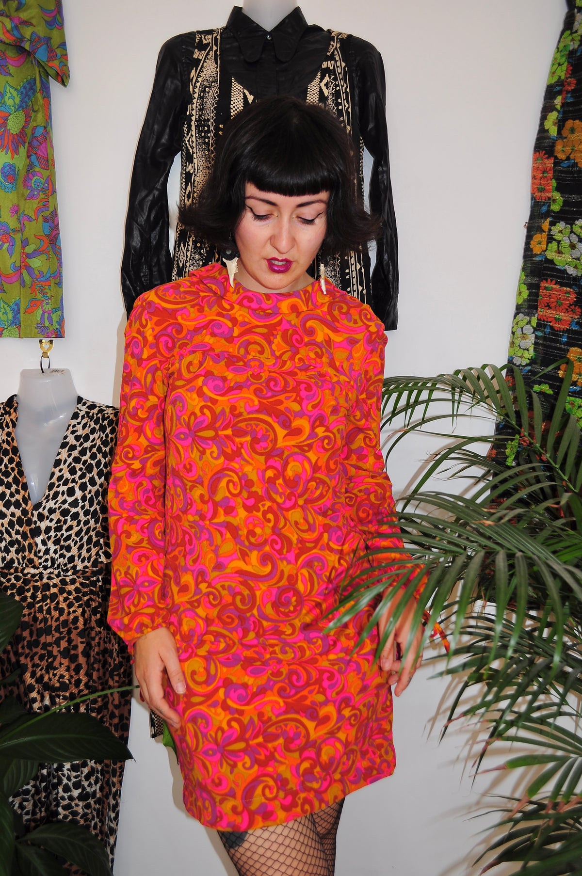 Vintage 60s Orange Psychedelic Mini Dress