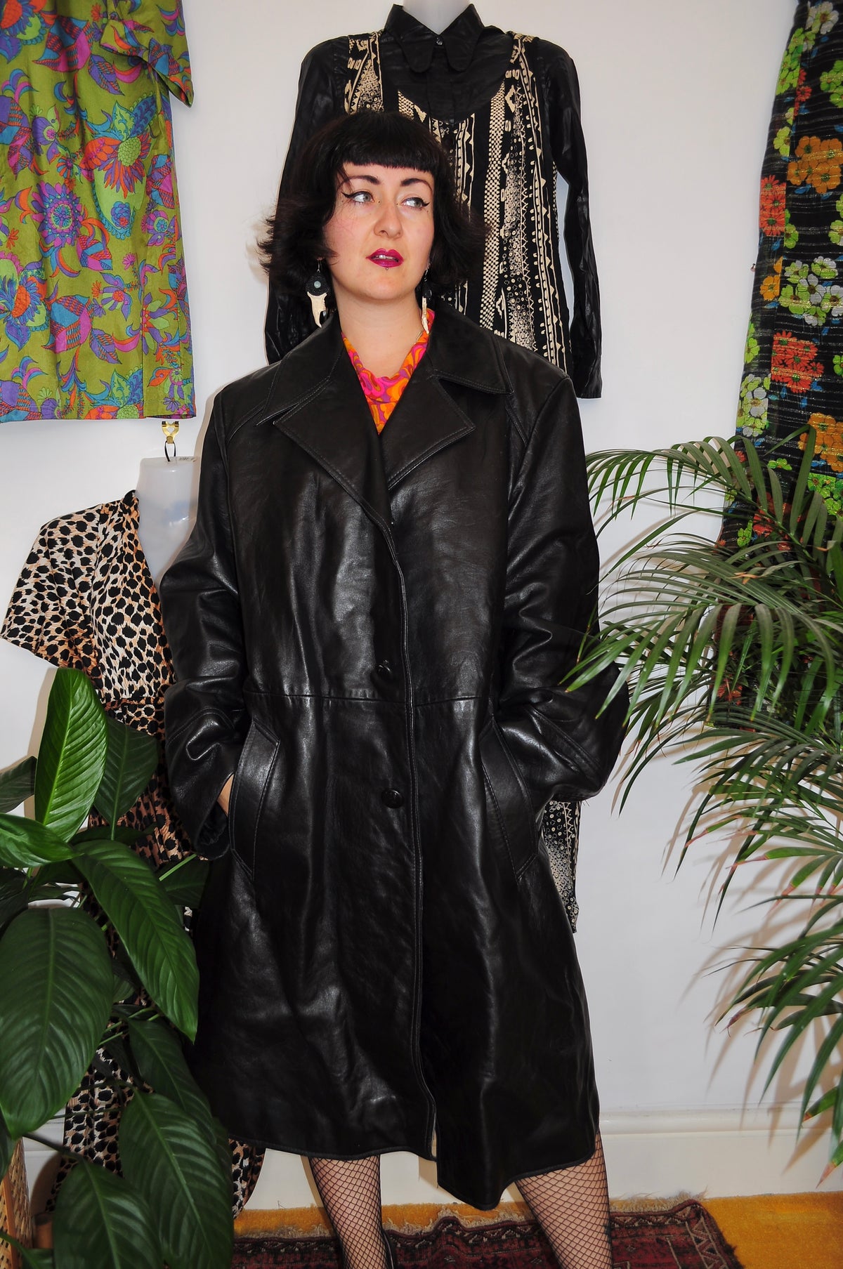 Vintage 80s Black Leather Trench Coat