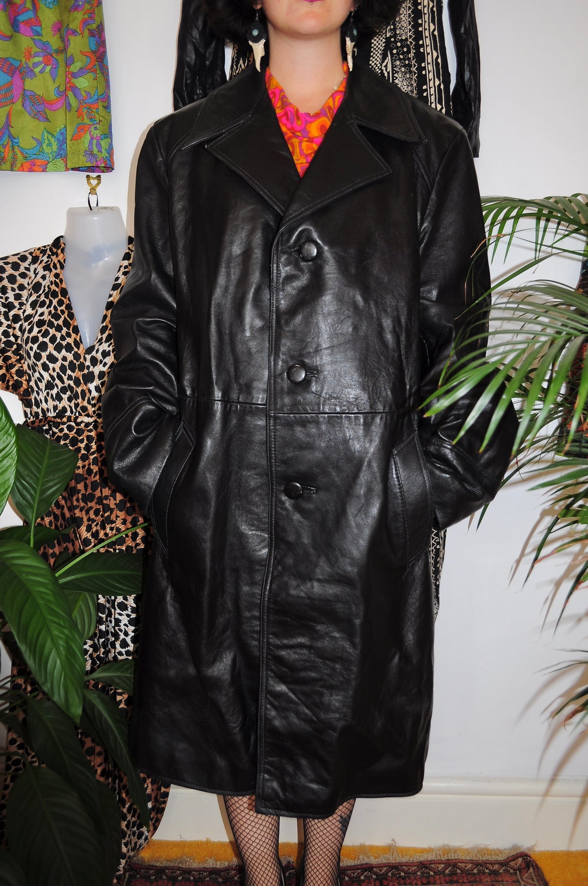 Vintage 80s Black Leather Trench Coat