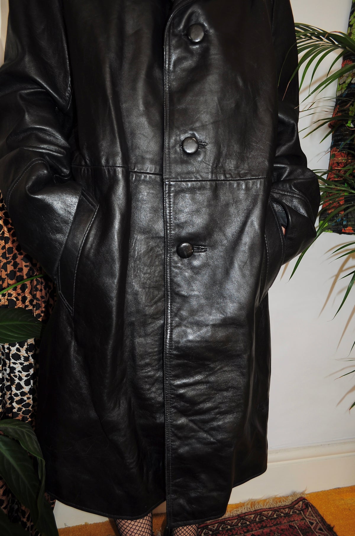Vintage 80s Black Leather Trench Coat