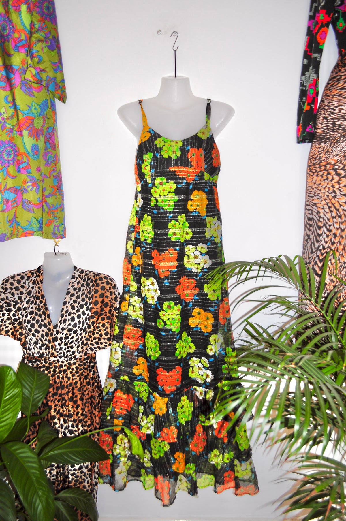 Vintage 70s Black and Green Floral Strappy Maxi Dress
