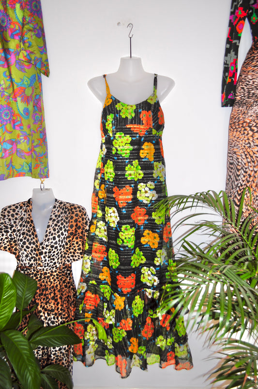 Vintage 70s Black and Green Floral Strappy Maxi Dress
