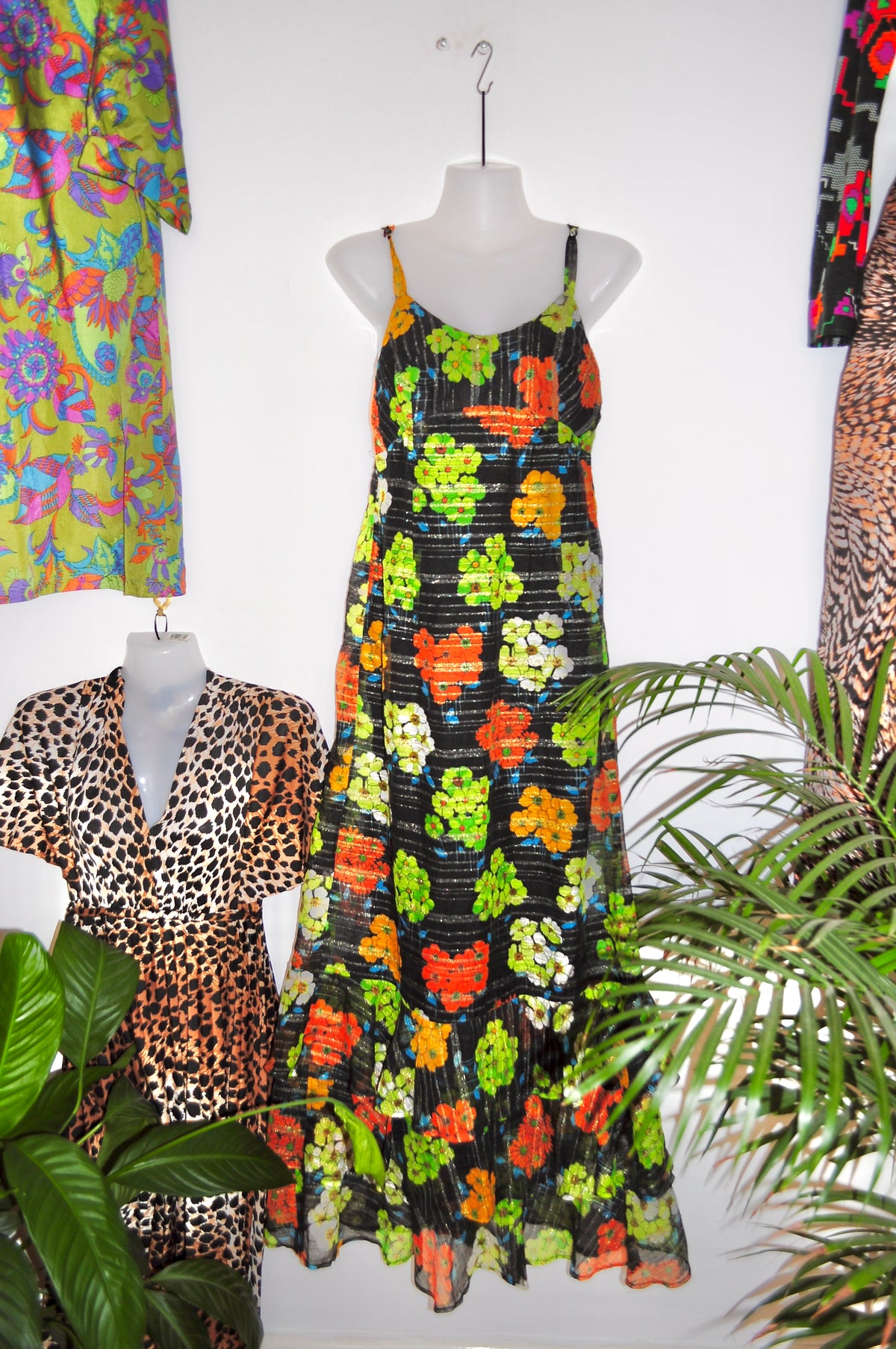 Vintage 70s Black and Green Floral Strappy Maxi Dress