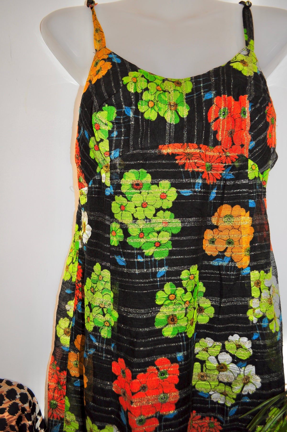 Vintage 70s Black and Green Floral Strappy Maxi Dress