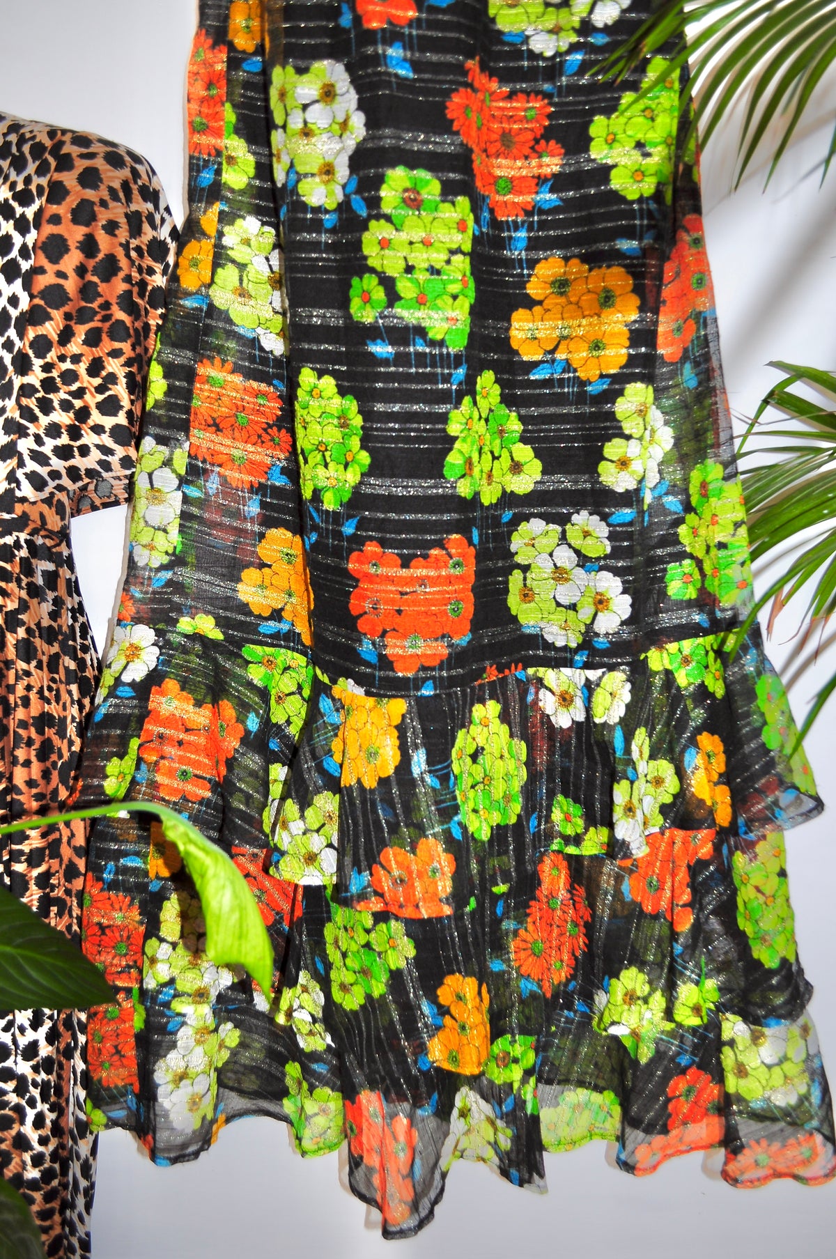 Vintage 70s Black and Green Floral Strappy Maxi Dress