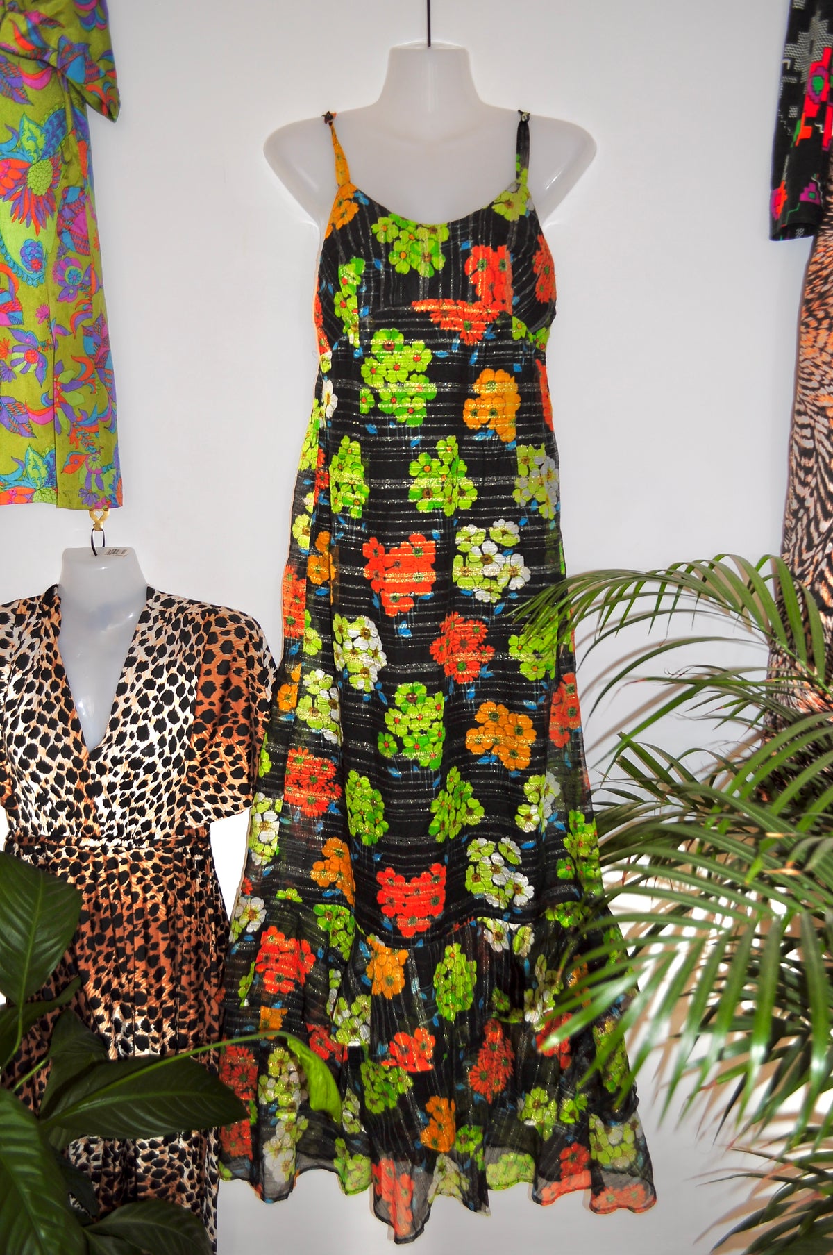 Vintage 70s Black and Green Floral Strappy Maxi Dress