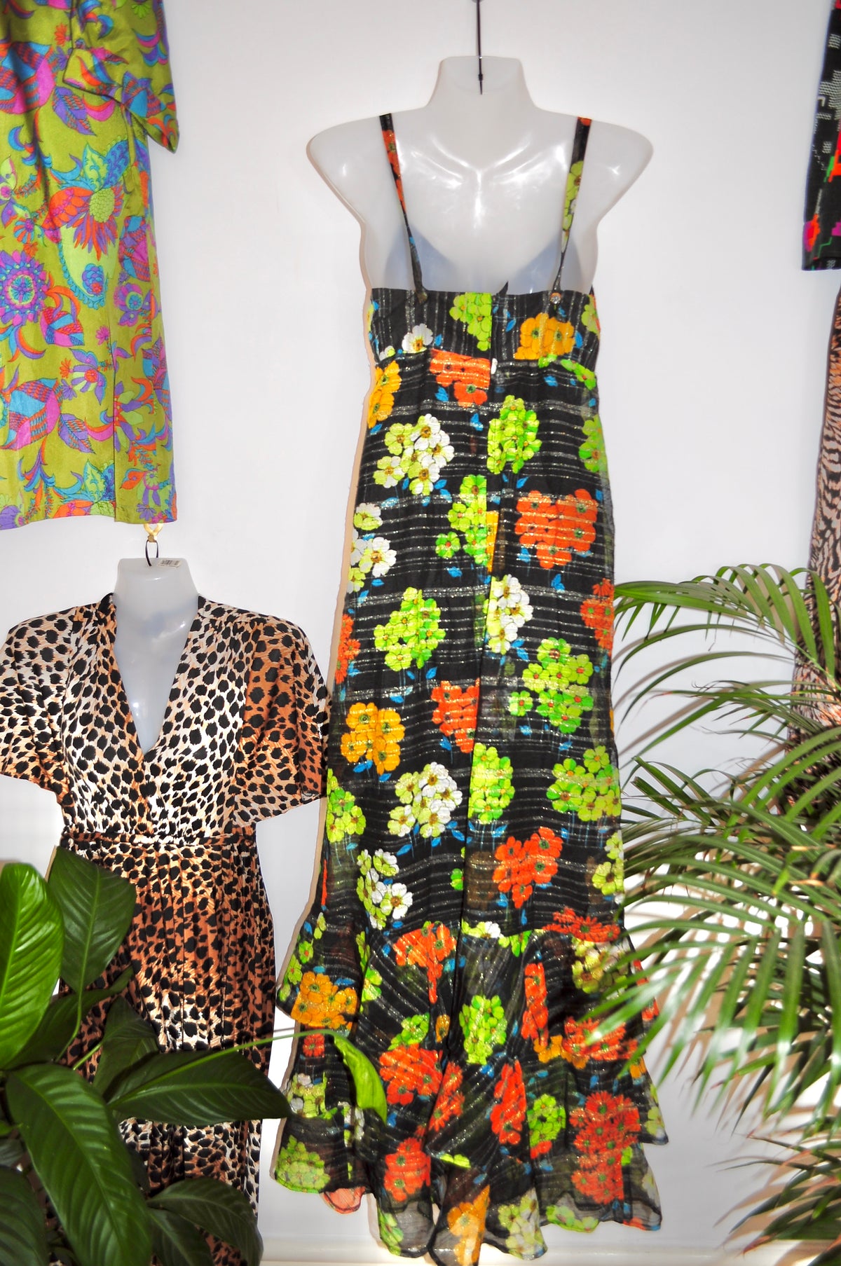 Vintage 70s Black and Green Floral Strappy Maxi Dress