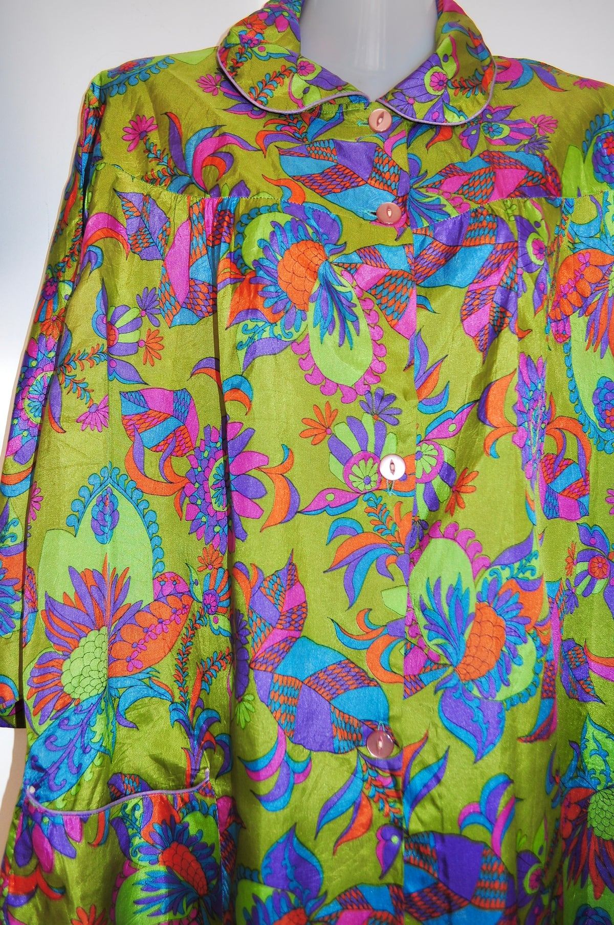 Vintage 60s Green Psychedelic Print House Coat Dress