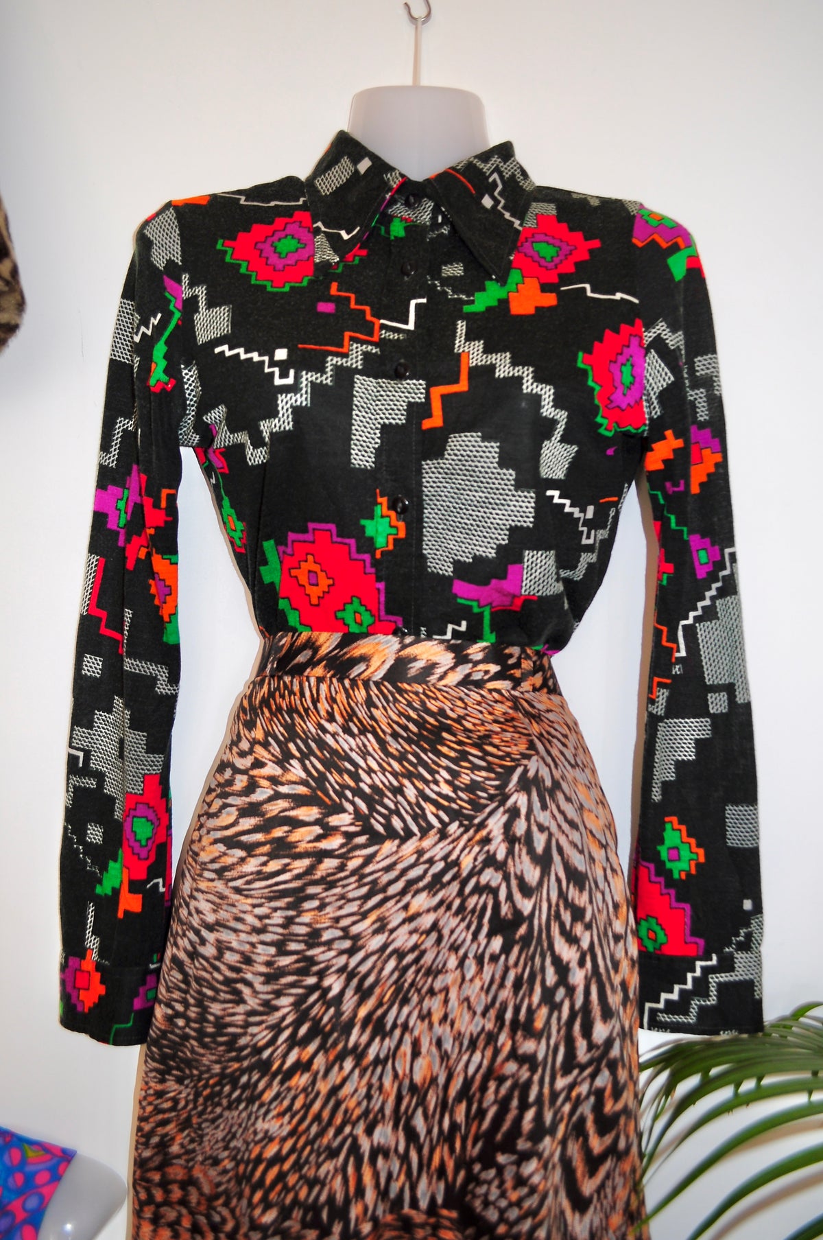 Vintage 70s Black Aztec Print Shirt