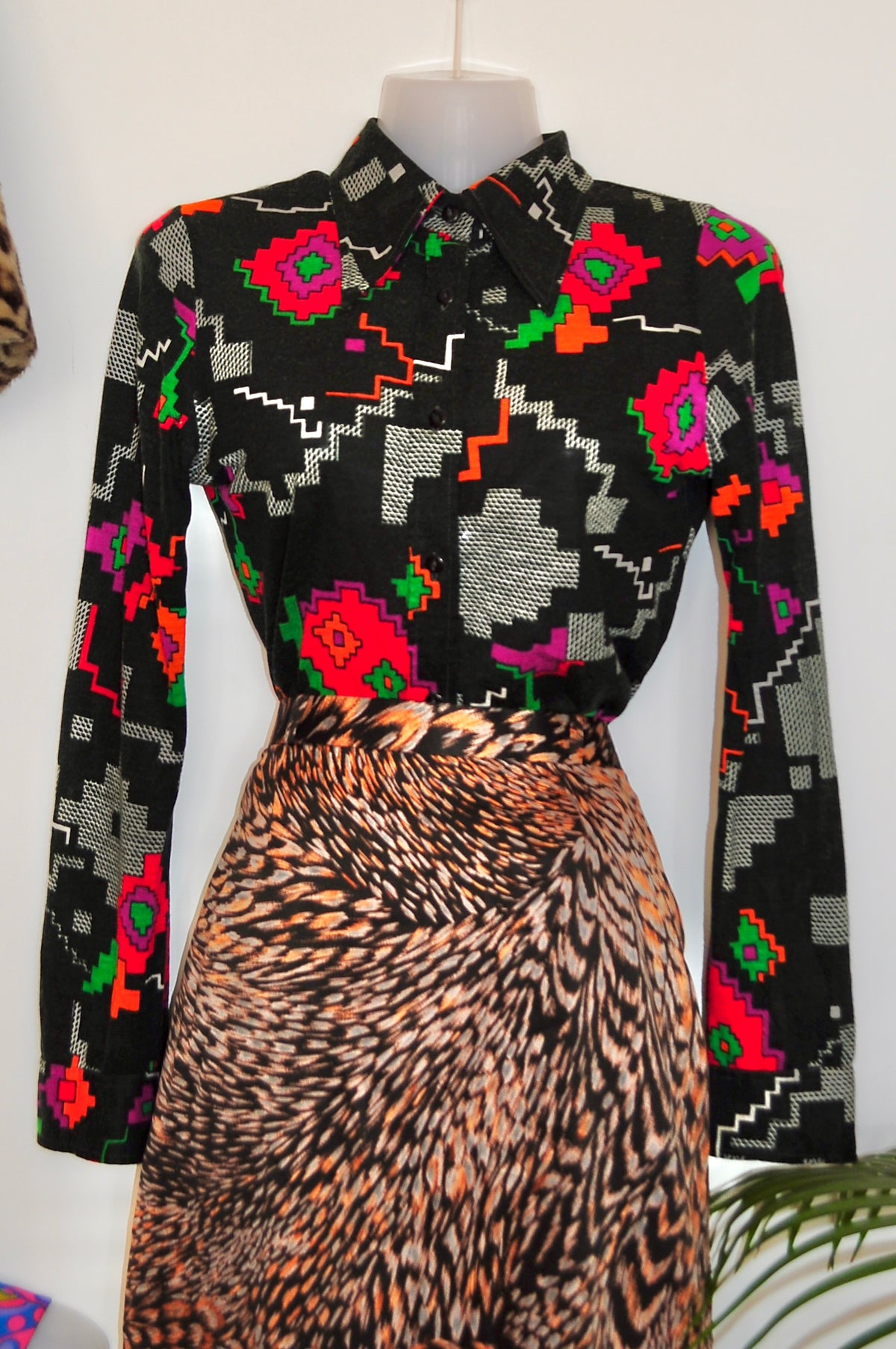 Vintage 70s Black Aztec Print Shirt