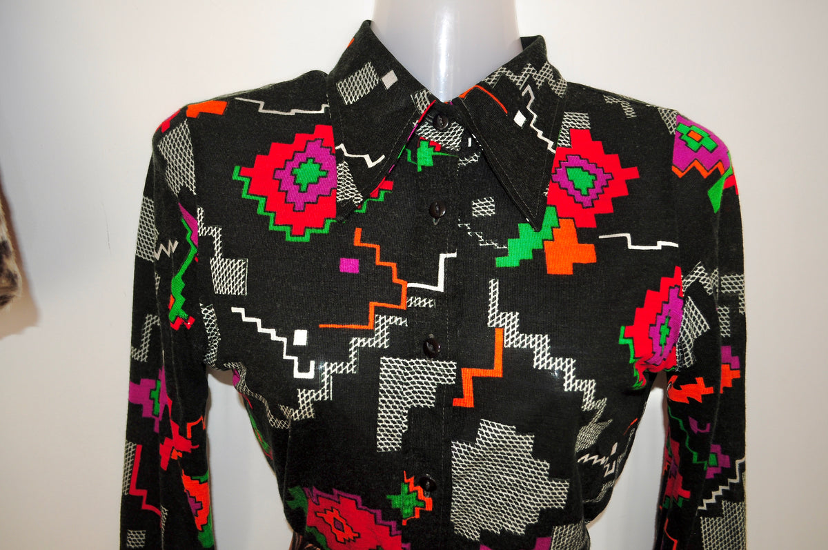 Vintage 70s Black Aztec Print Shirt