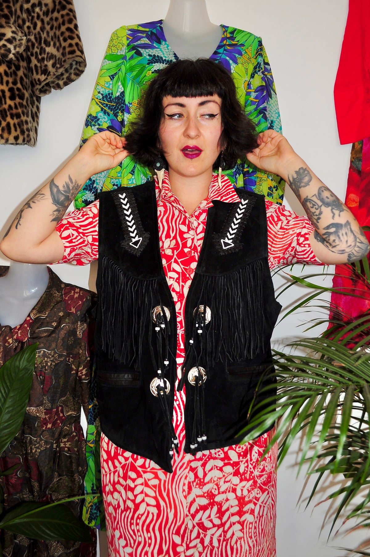 Vintage 80s Black Suede Fringe Waistcoat