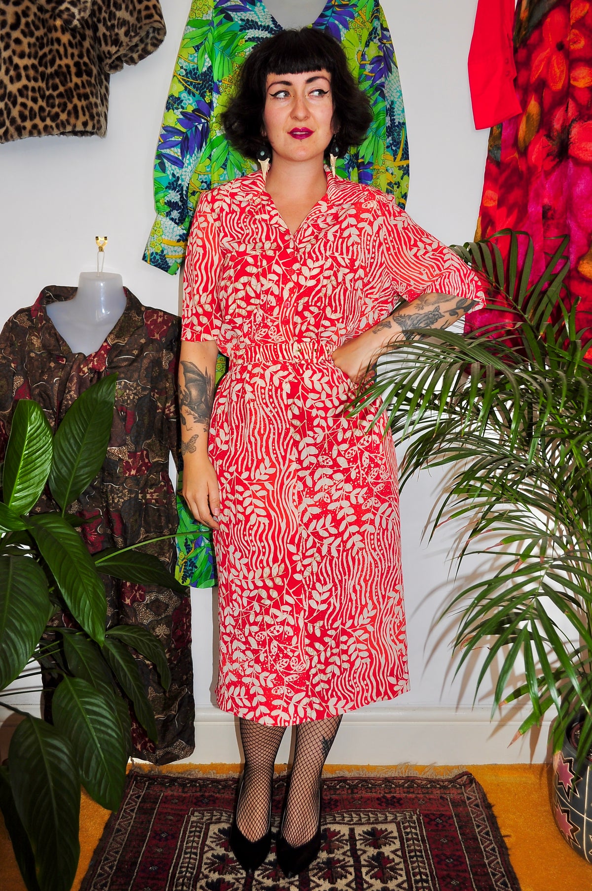 Vintage 80s Red and White Midi Dress