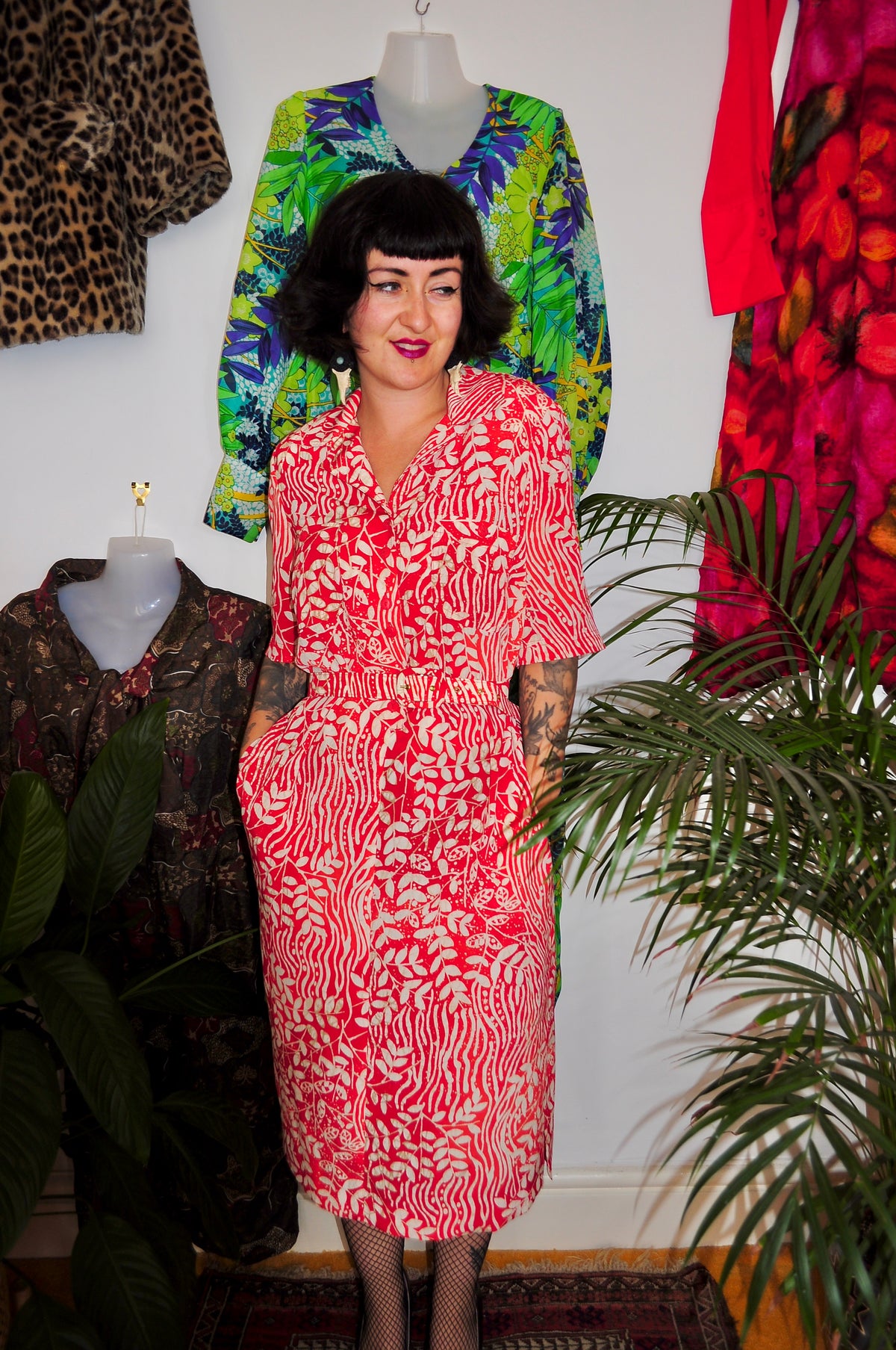 Vintage 80s Red and White Midi Dress