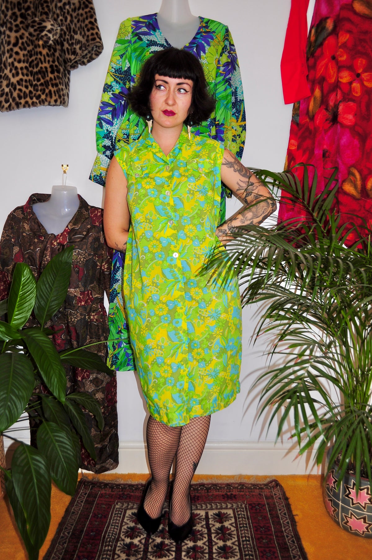 Vintage 60s Lime Green Floral Shift Dress