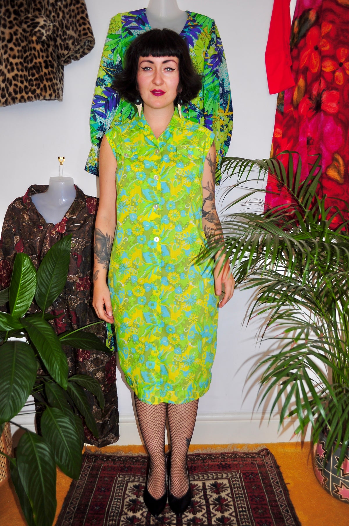 Vintage 60s Lime Green Floral Shift Dress