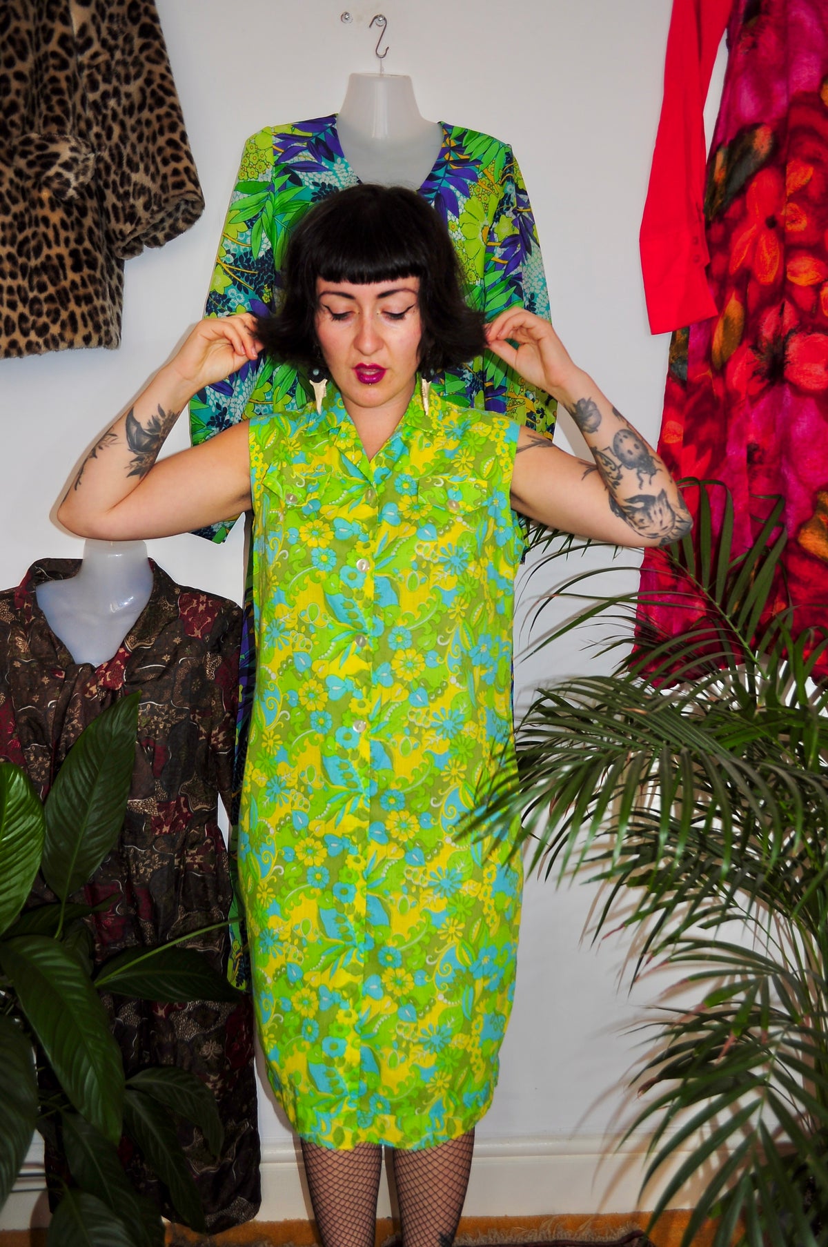 Vintage 60s Lime Green Floral Shift Dress