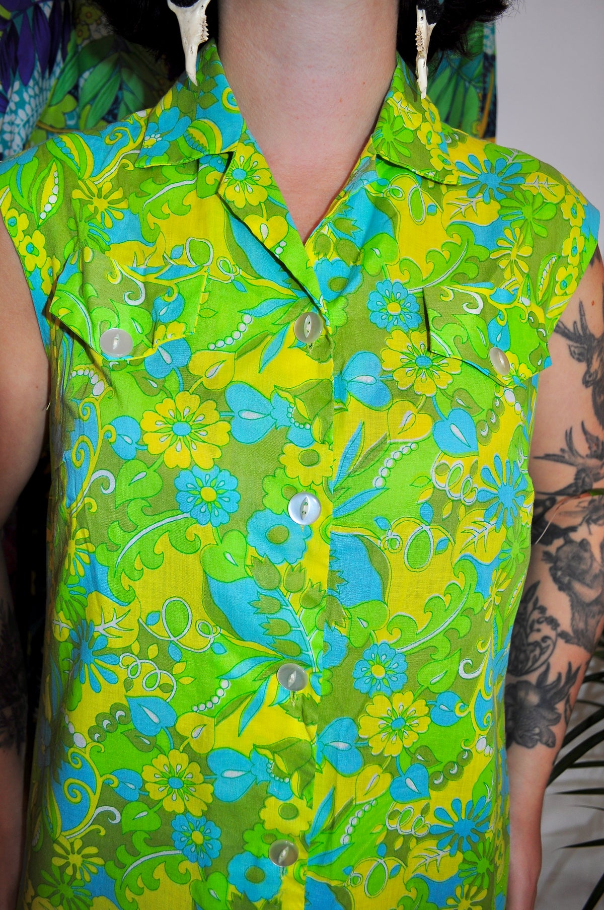 Vintage 60s Lime Green Floral Shift Dress
