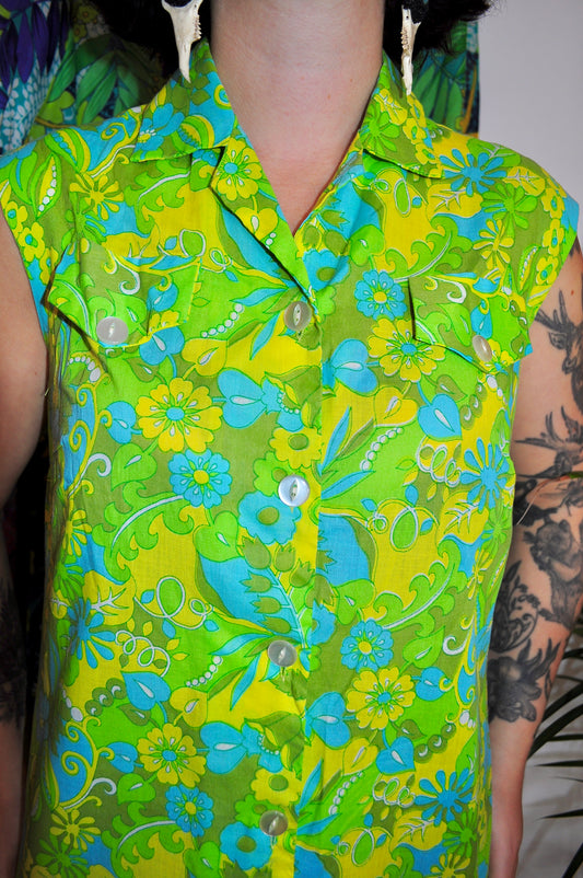 Vintage 60s Lime Green Floral Shift Dress