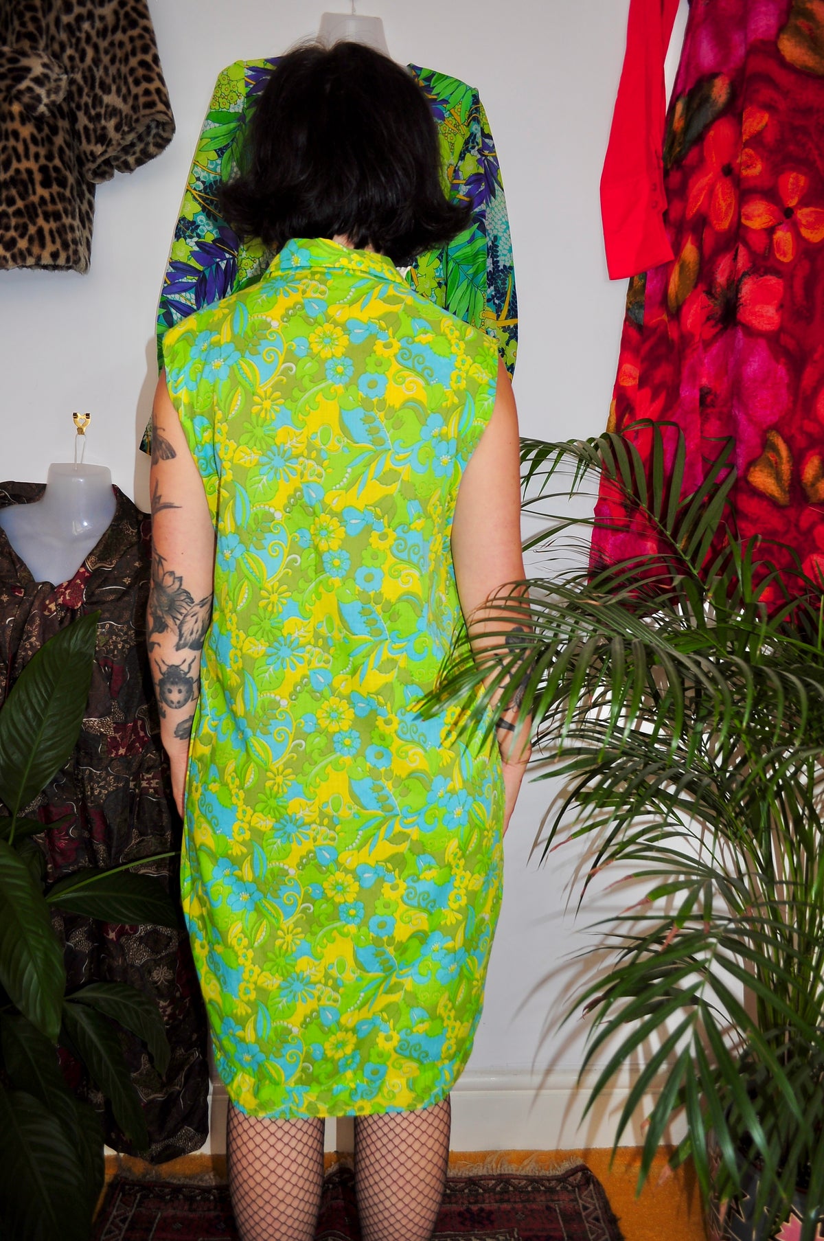 Vintage 60s Lime Green Floral Shift Dress