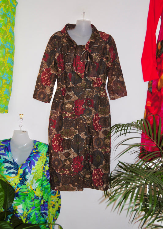 Vintage 60s Brown Floral Richard Shops Wiggle Dress
