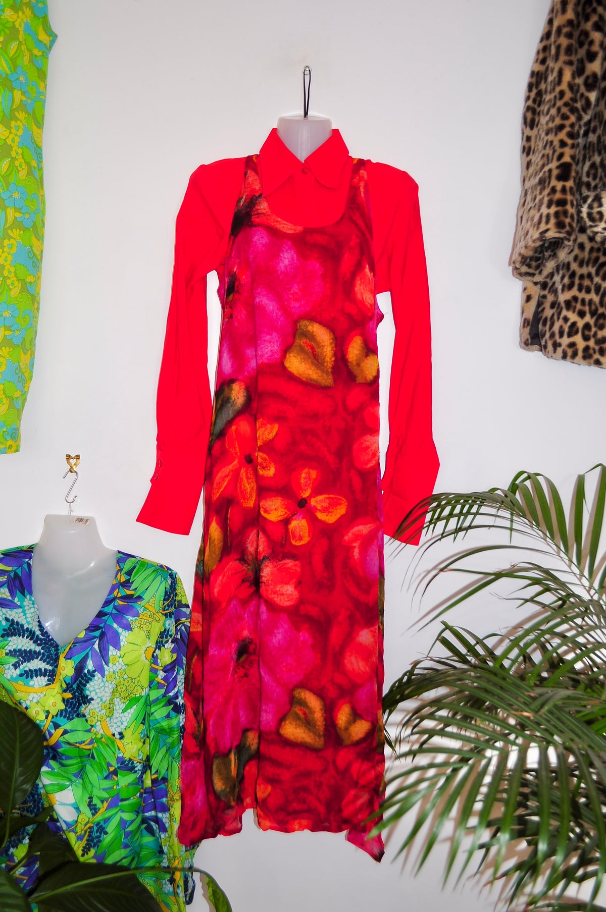 Vintage 90s Red Watercolour Midi Dress