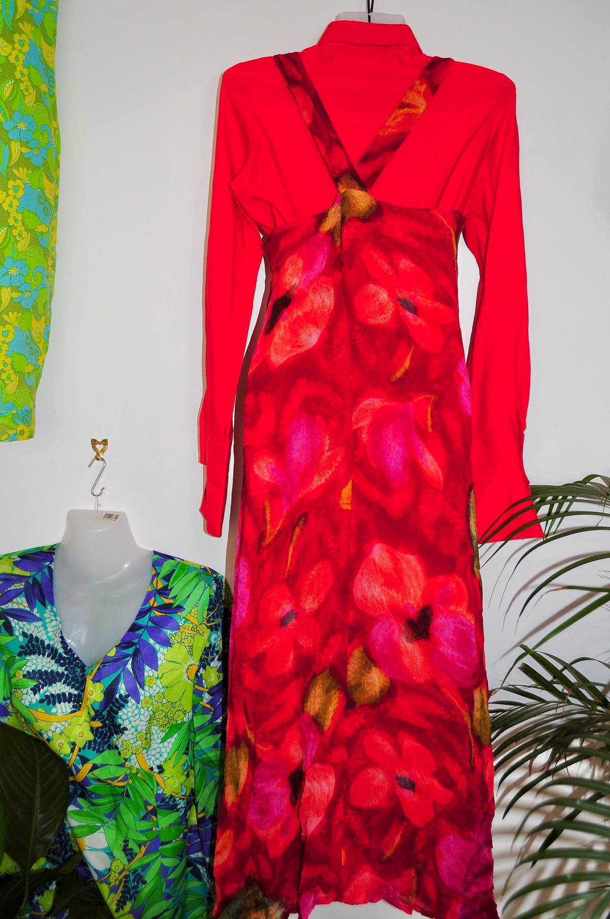 Vintage 90s Red Watercolour Midi Dress