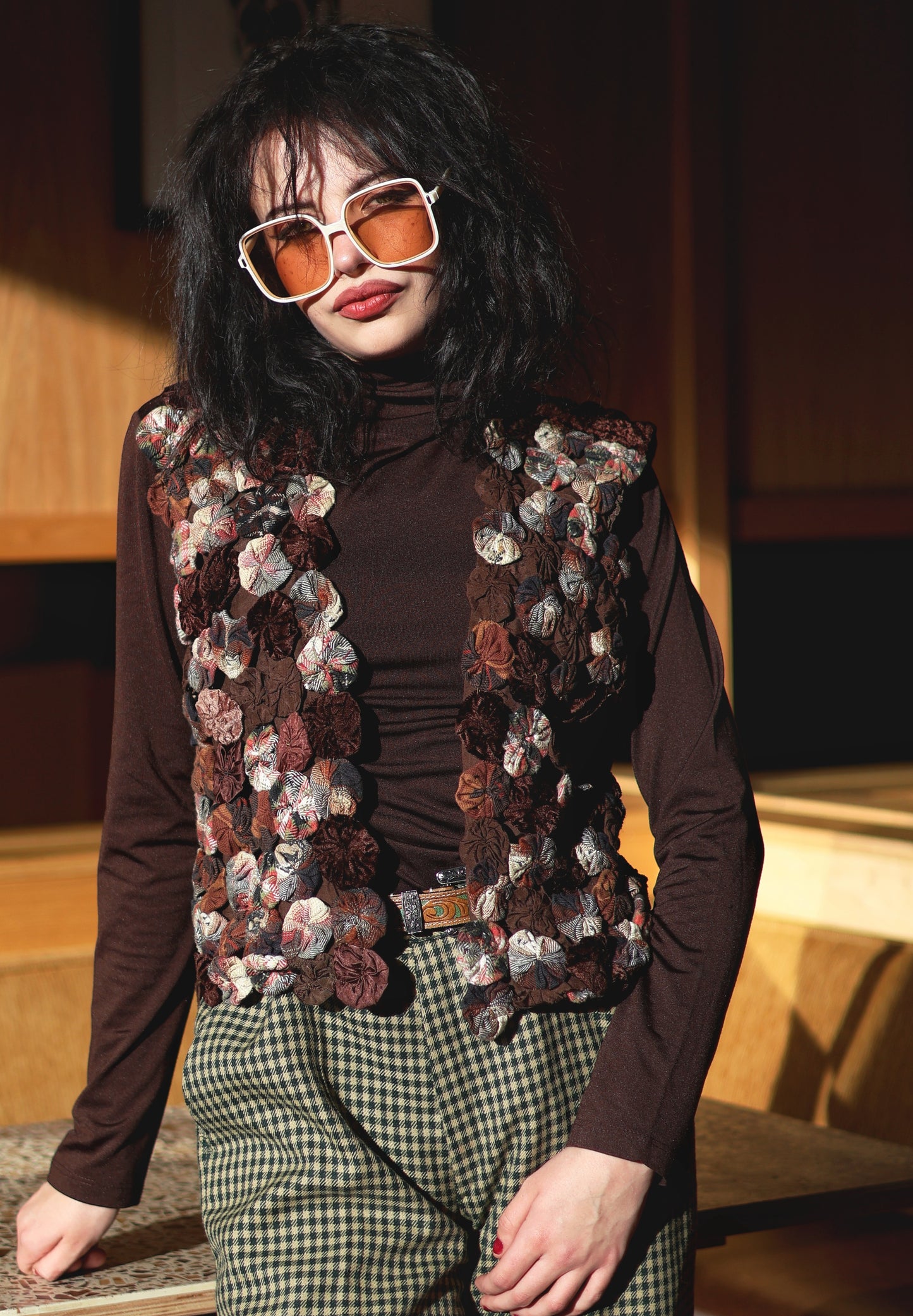 Vintage 70s Brown Rosette Knot Patchwork Waistcoat