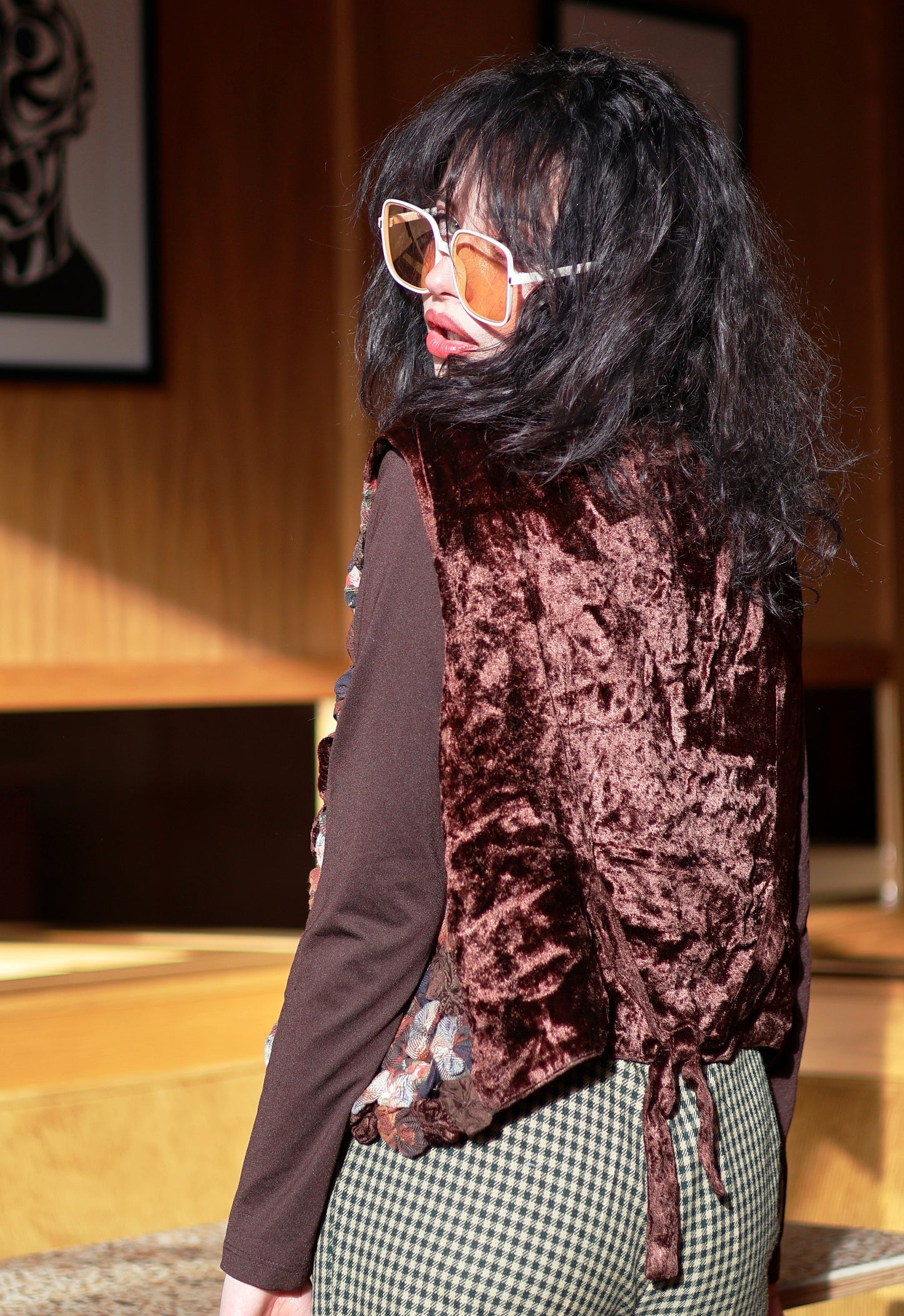 Vintage 70s Brown Rosette Knot Patchwork Waistcoat