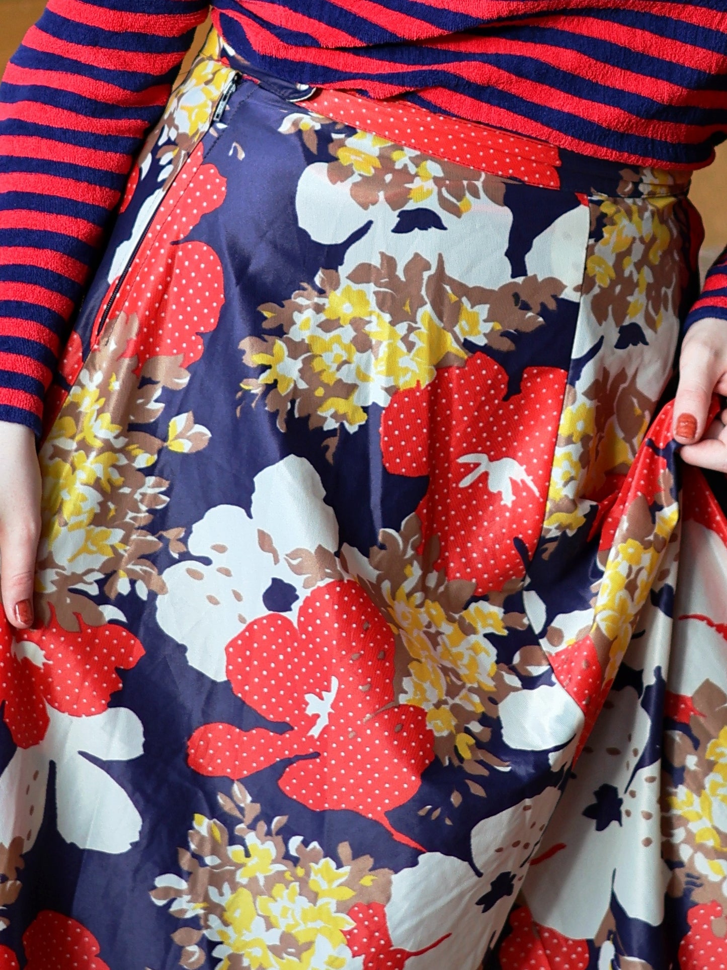 Vintage 70s Blue and Red Floral Maxi Skirt