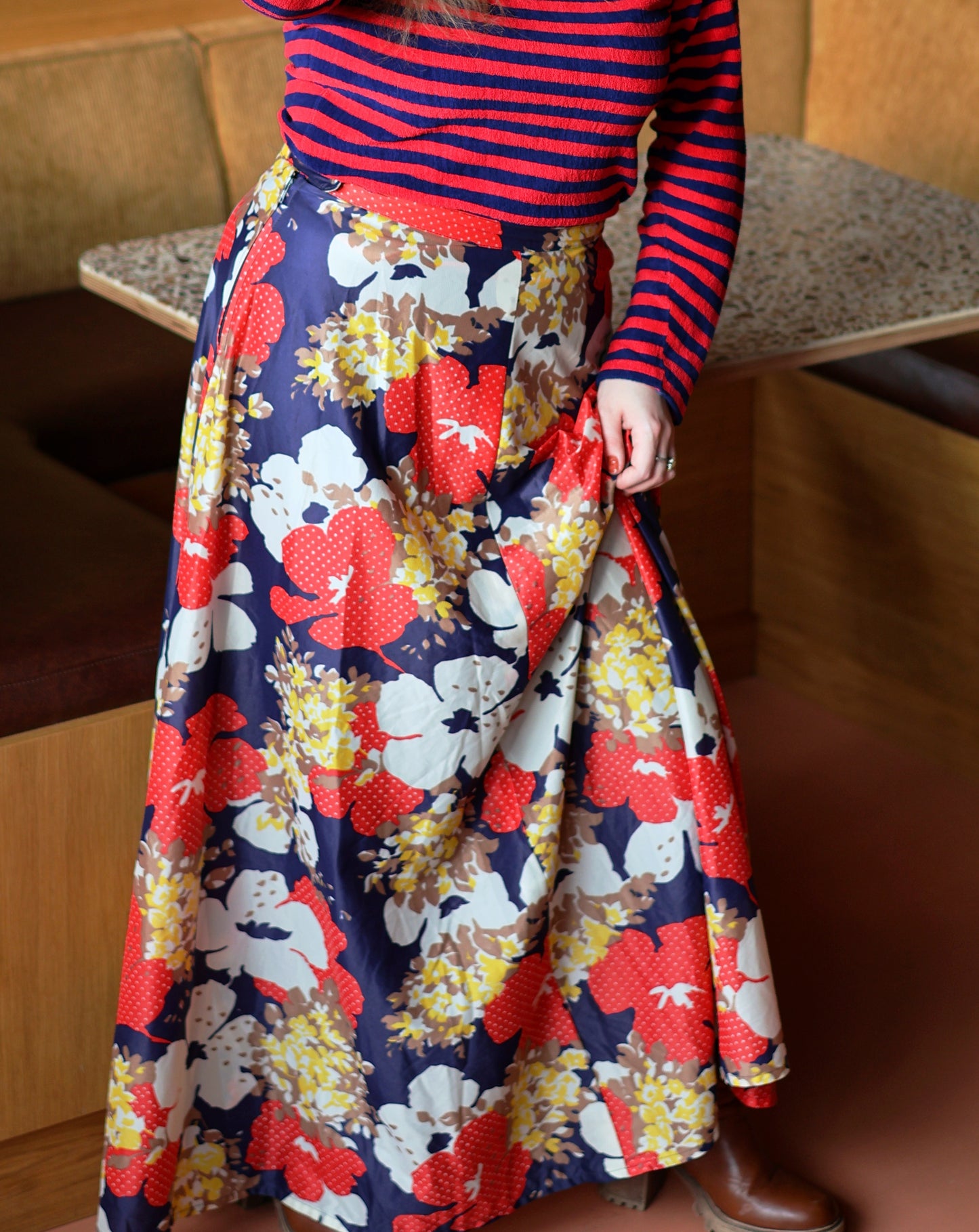 Vintage 70s Blue and Red Floral Maxi Skirt