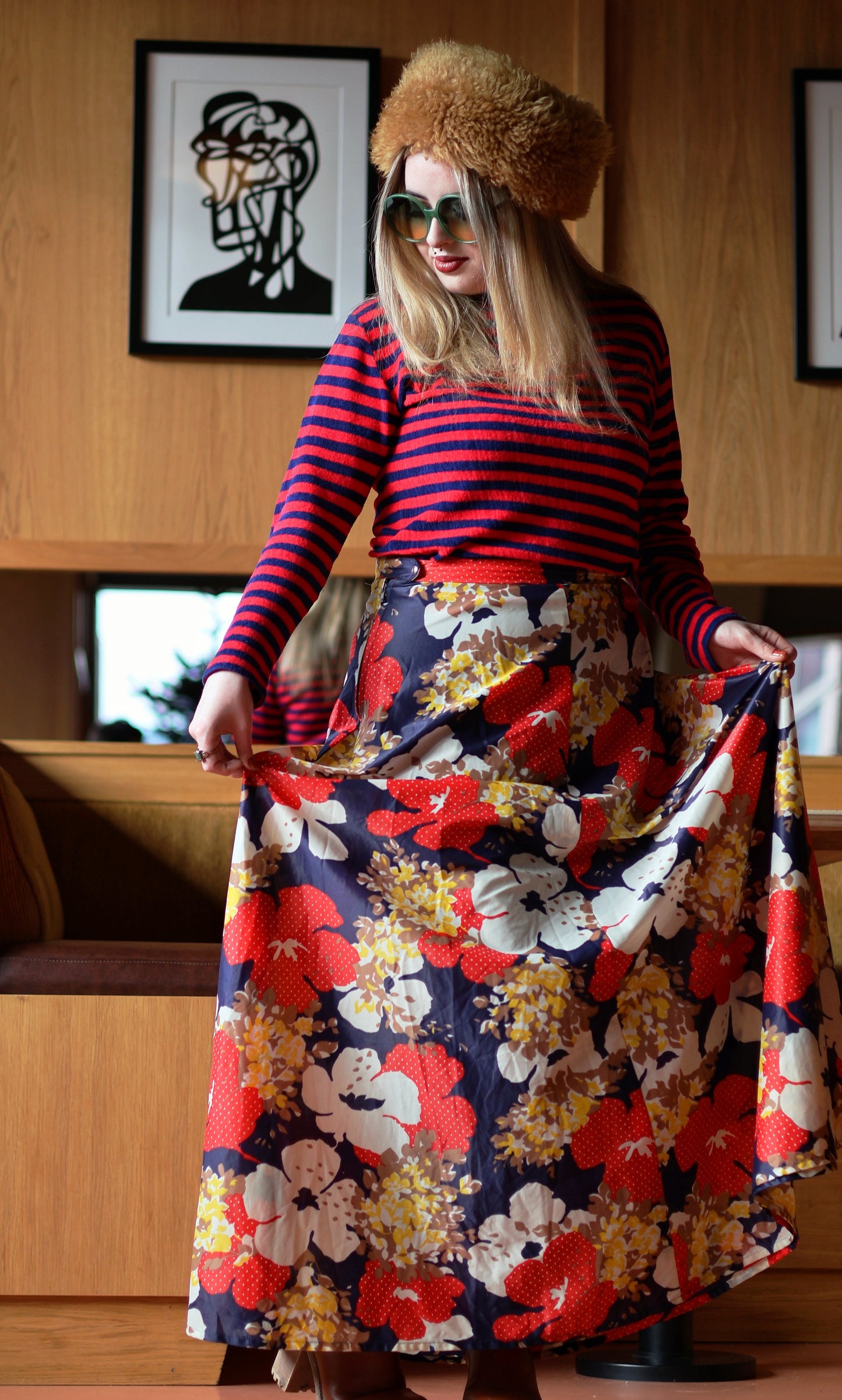 Vintage 70s Blue and Red Floral Maxi Skirt
