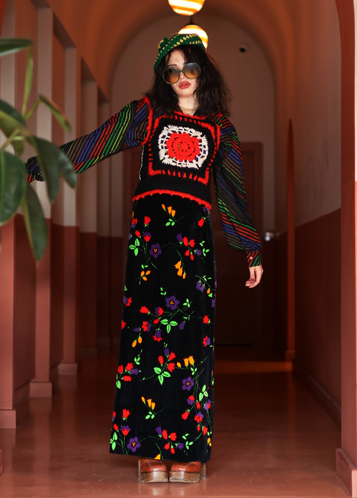 Vintage 70s Black Floral Velvet Maxi Skirt