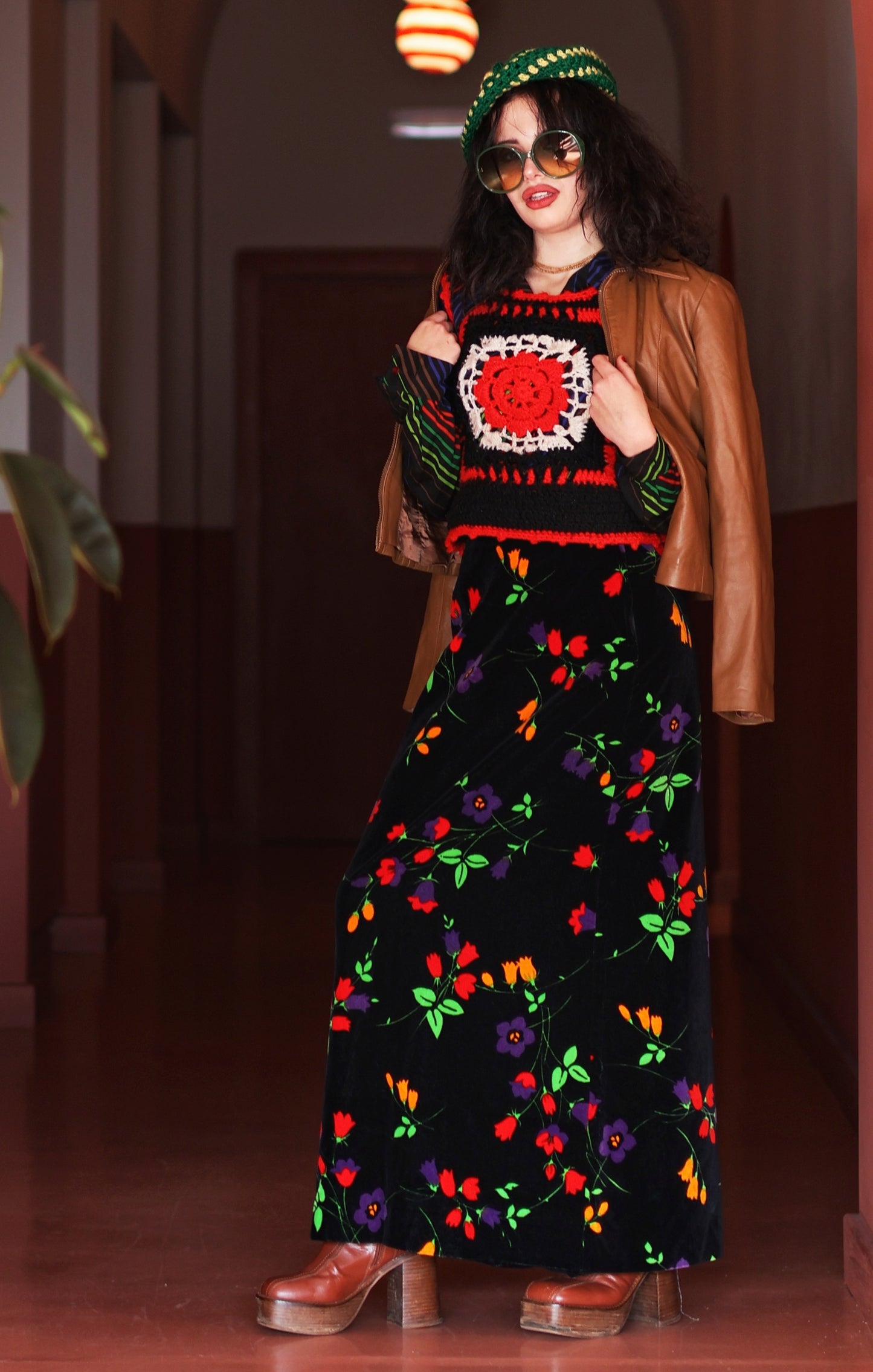 Vintage 70s Black Floral Velvet Maxi Skirt