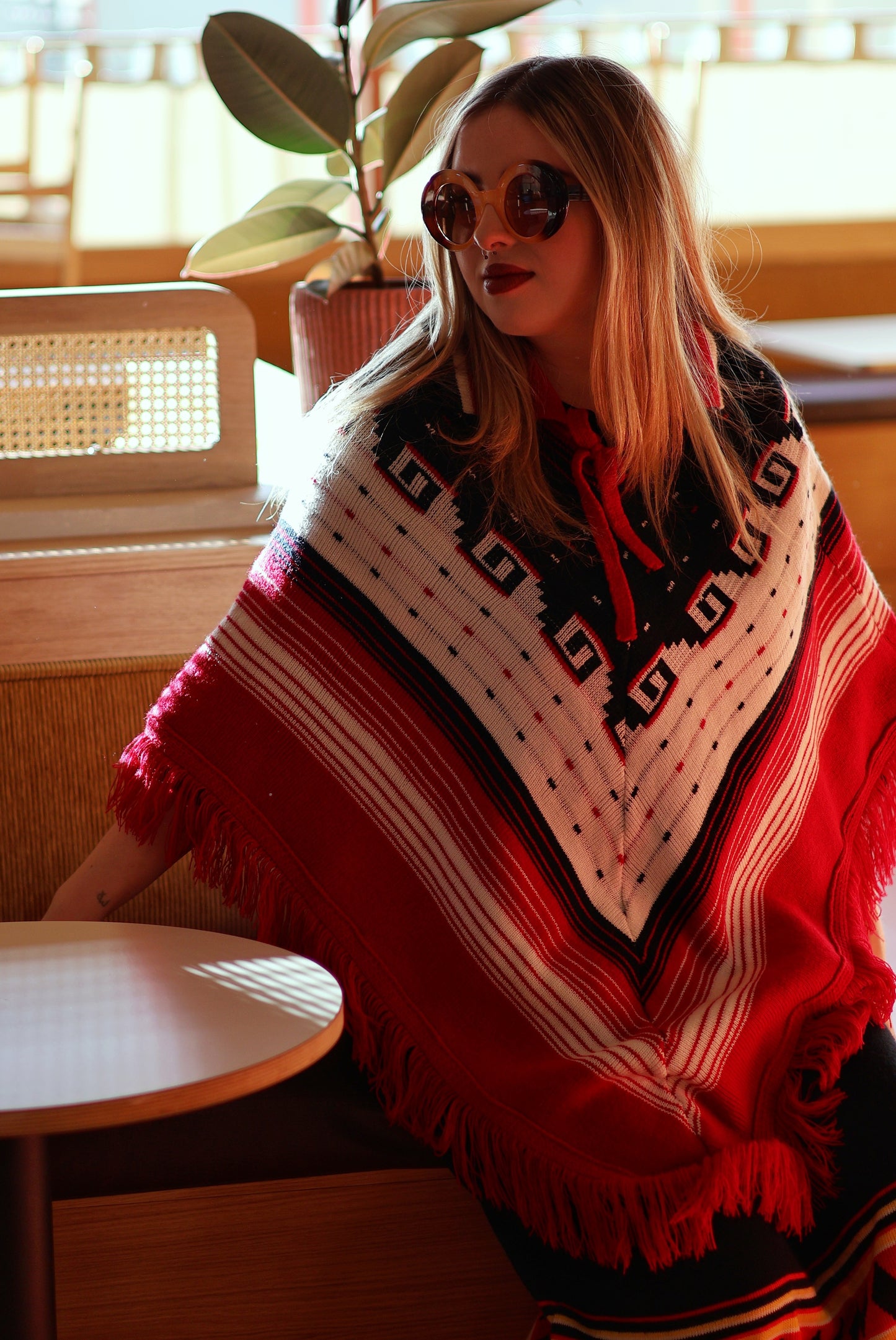 Vintage Red and White Knitted Poncho