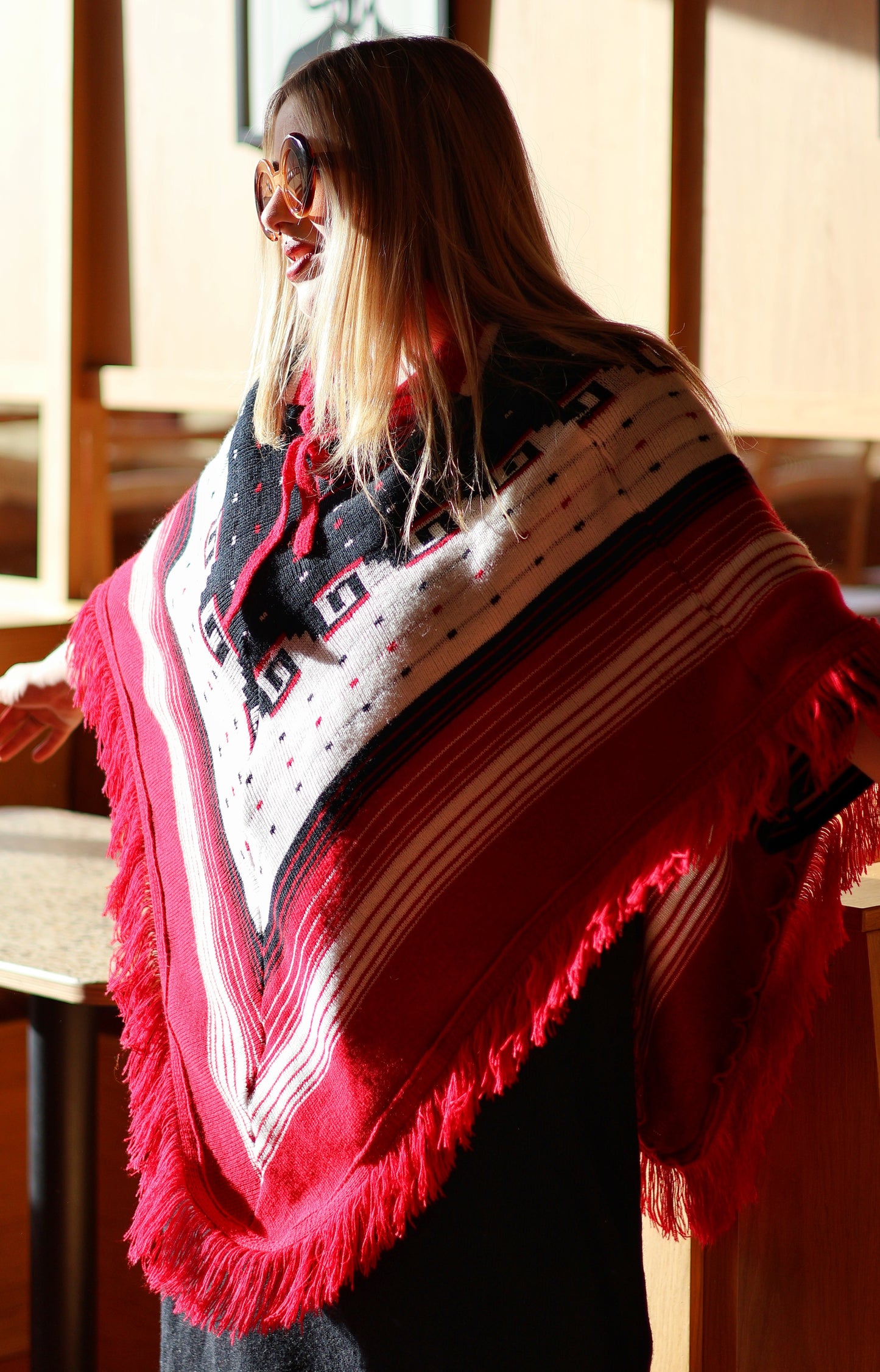 Vintage Red and White Knitted Poncho