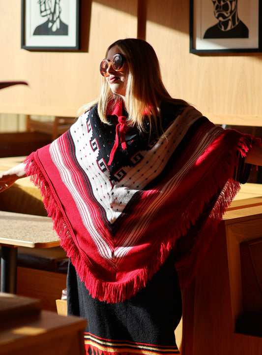 Vintage Red and White Knitted Poncho