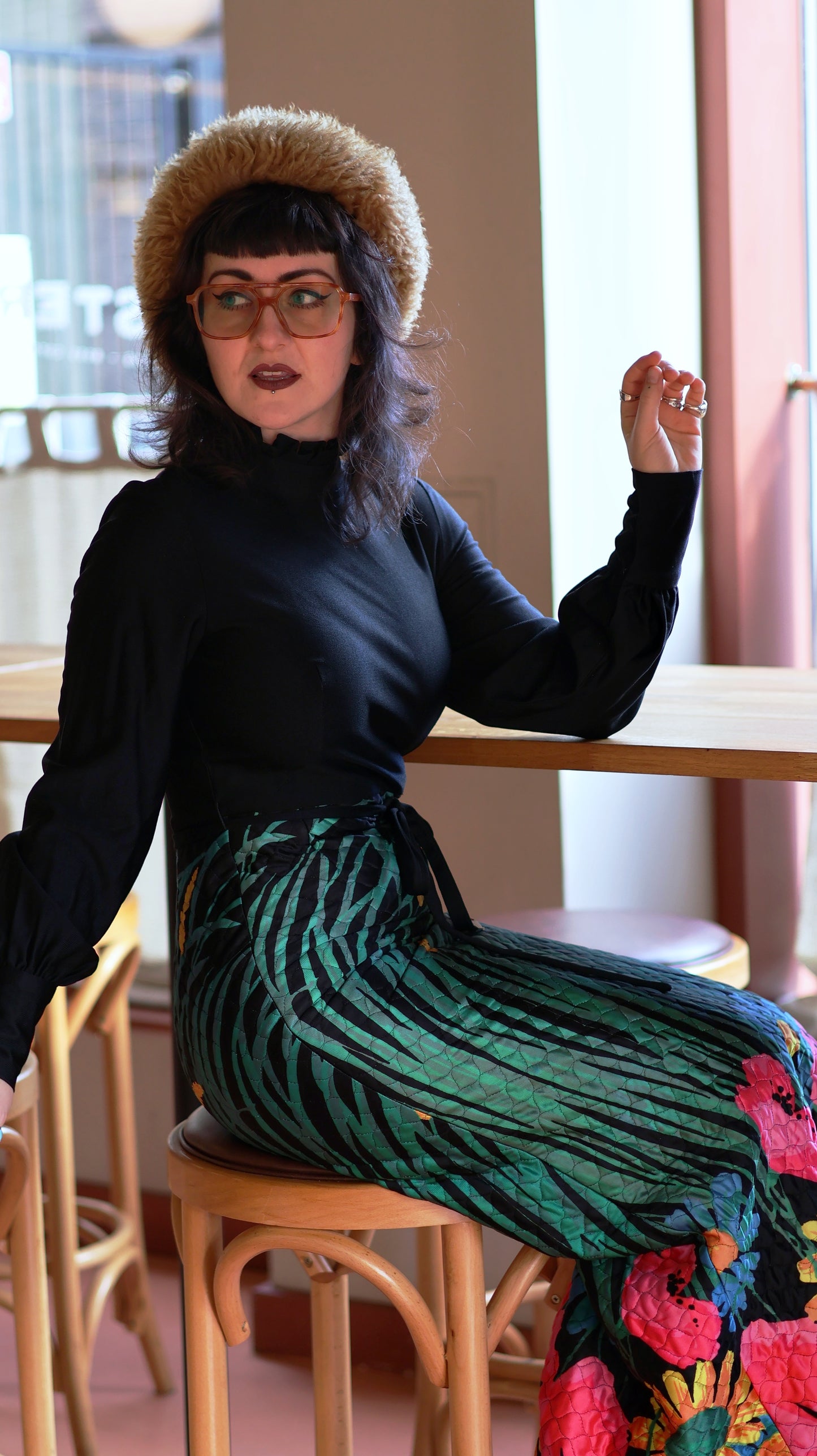 Vintage 70s Black Quilted Floral Maxi Dress