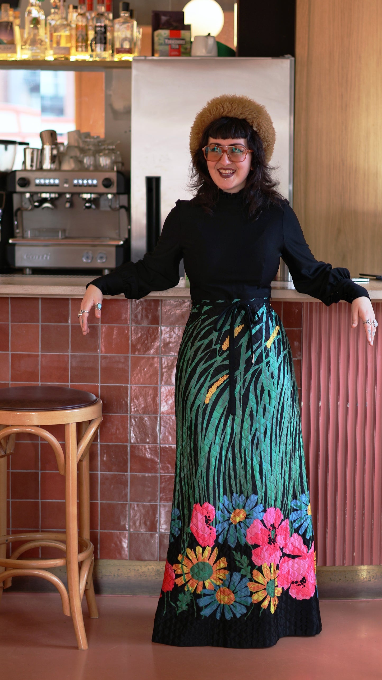 Vintage 70s Black Quilted Floral Maxi Dress