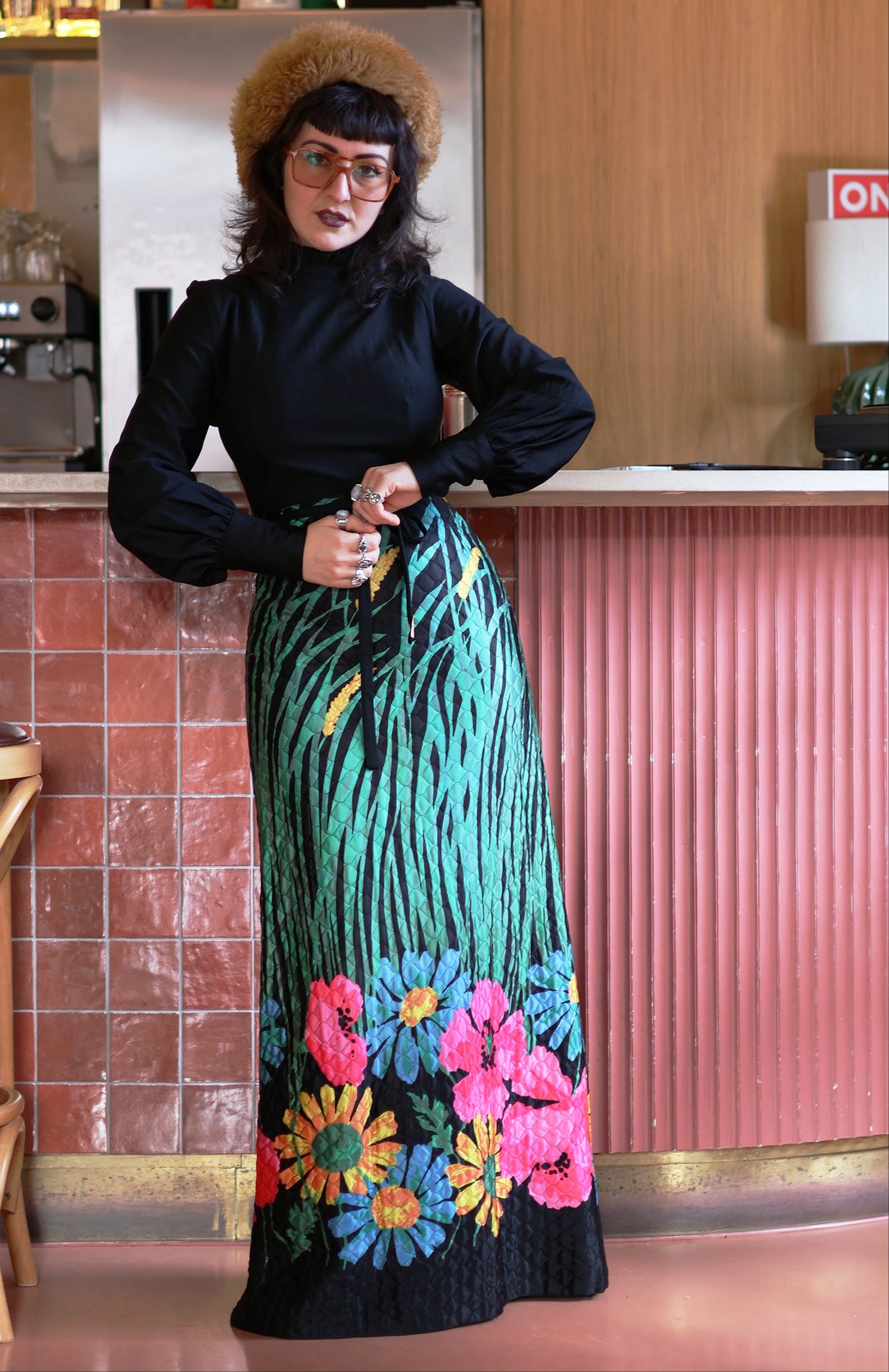 Vintage 70s Black Quilted Floral Maxi Dress