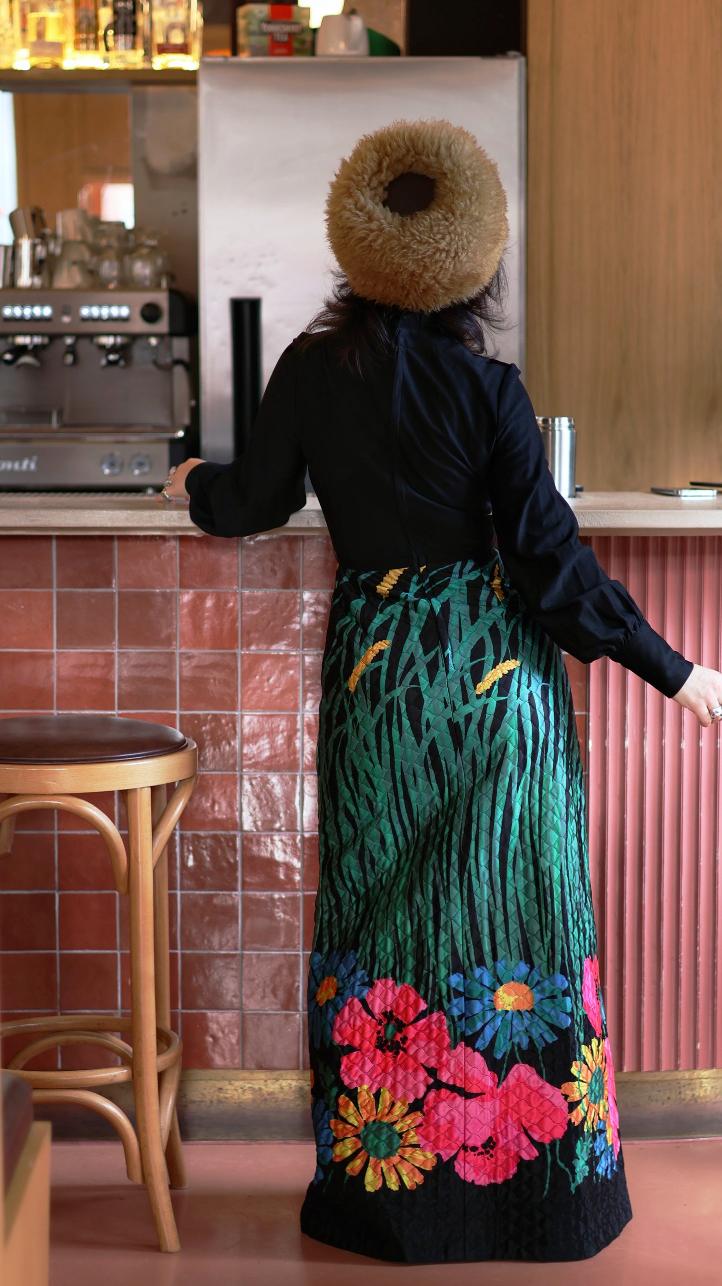 Vintage 70s Black Quilted Floral Maxi Dress